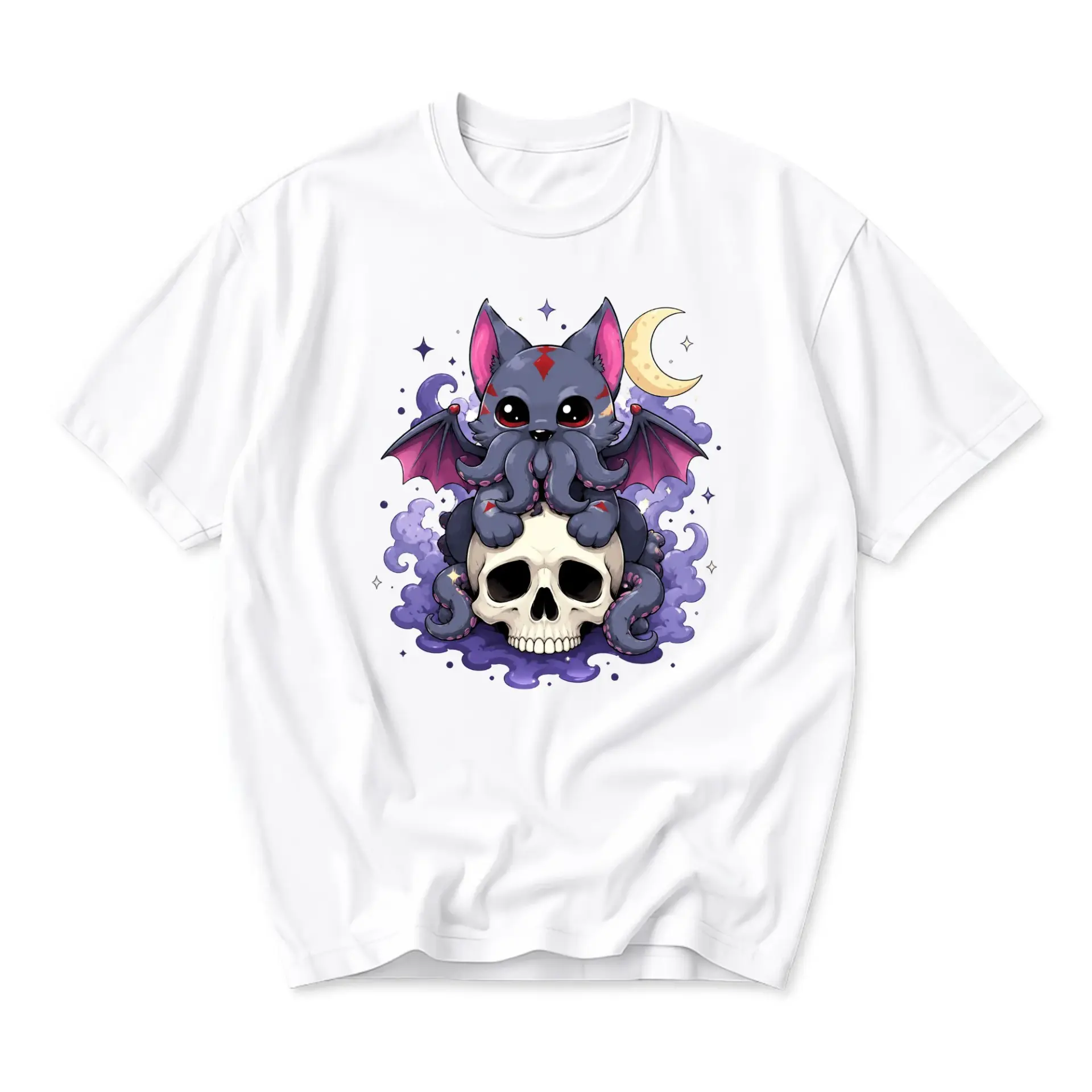 Graphic Tee Unisex Crew Neck T-Shirt Featuring Cute Dark Fantasy Bat Creature Sitting on a Human Skull Illustration