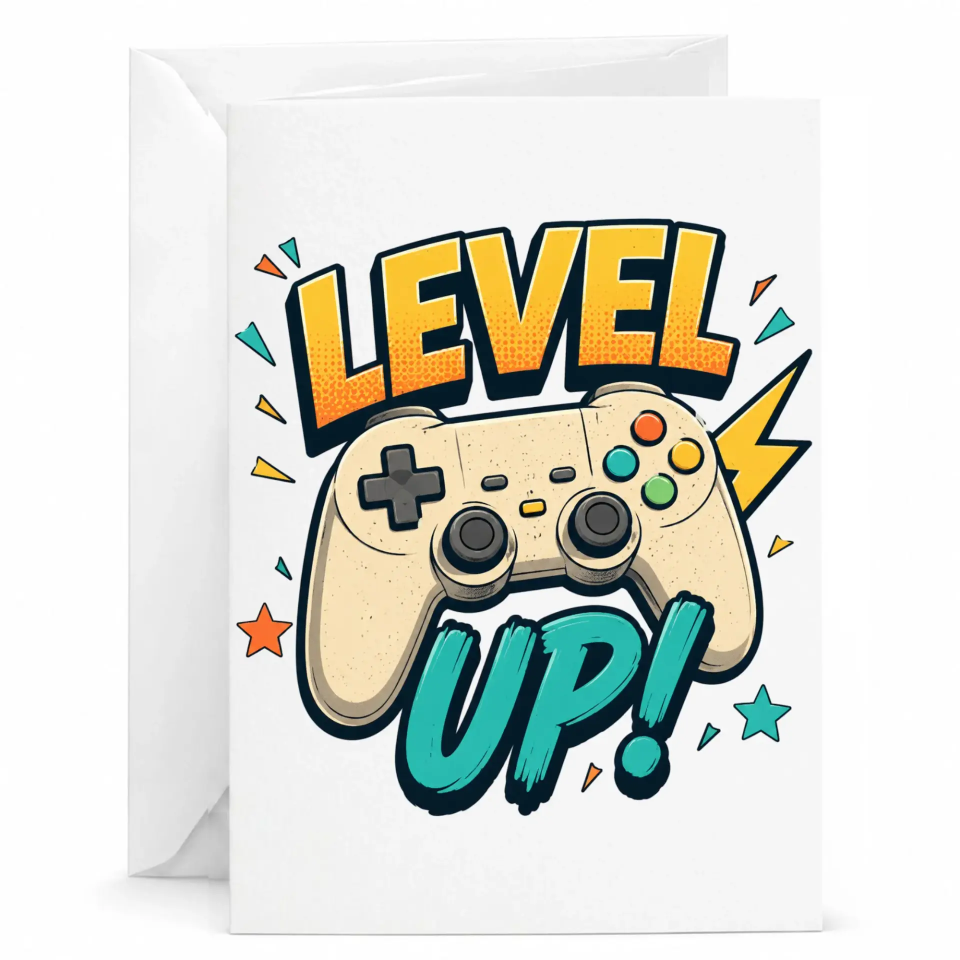 Funny Greeting Card Level up Gaming Controller Design for Birthday or Congratulations with Matching Envelope