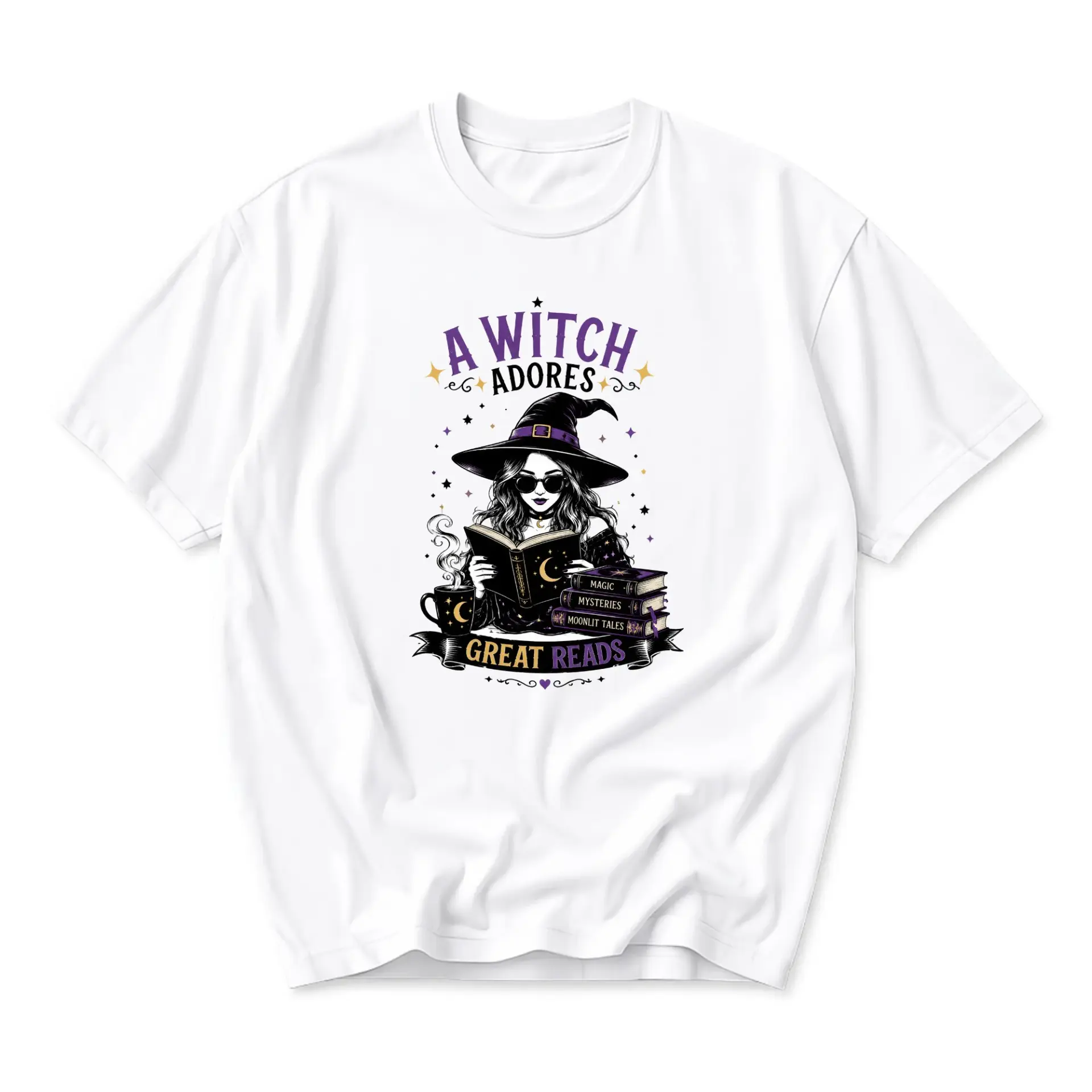 Graphic Tee a Witch Adores Great Reads Literary Spooky Illustration Unisex Casual Everyday Crew Neck Cotton Short Sleeve