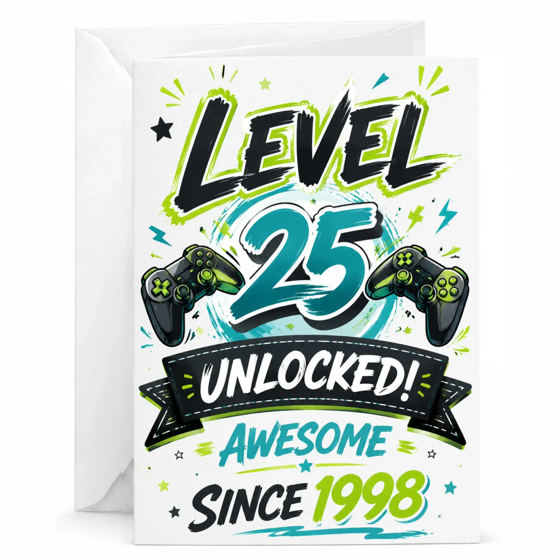 Funny Birthday Card Level 25 Unlocked Awesome Since 1998 Video Game Themed Greeting Card for Gaming Enthusiasts