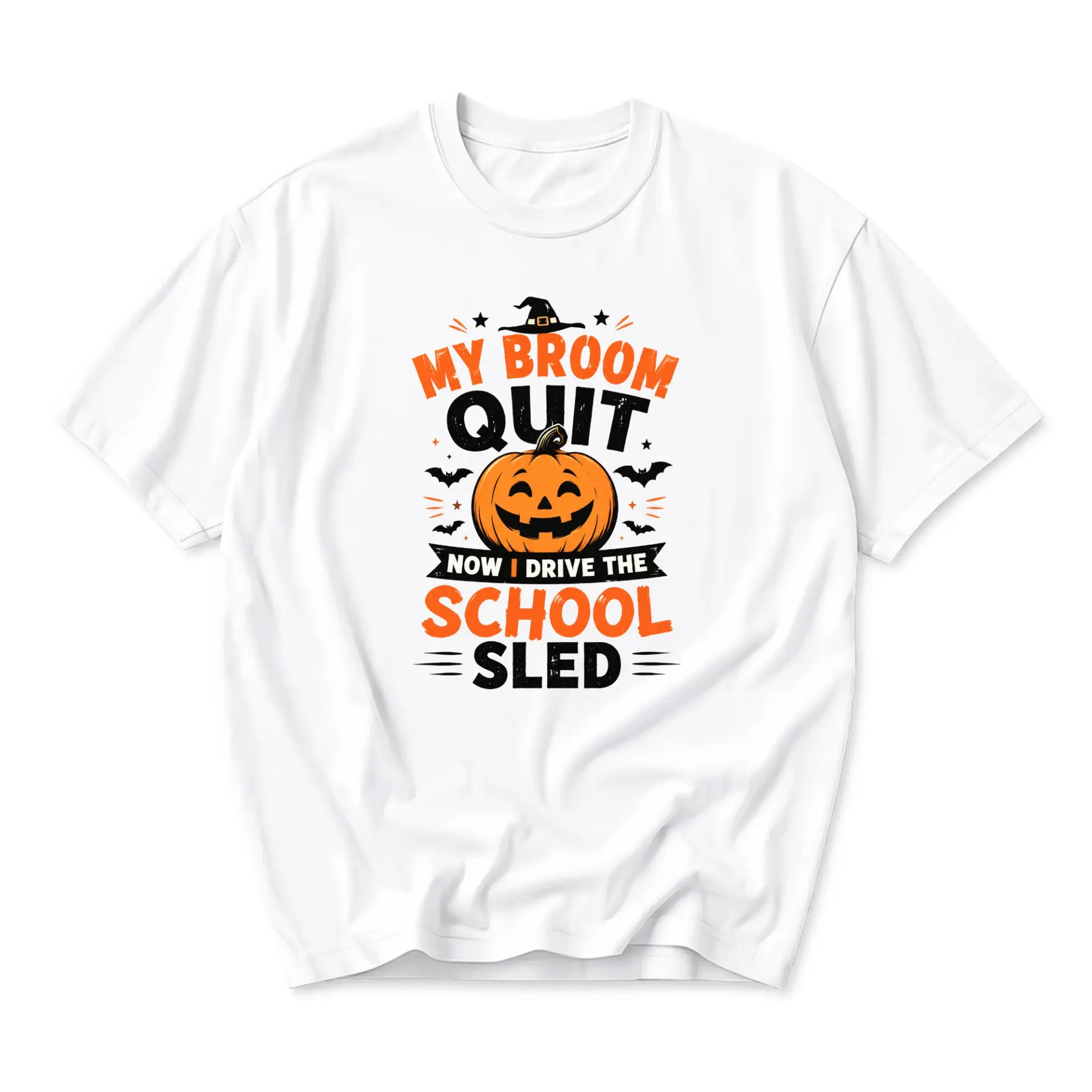 Funny Shirt My Broom Quit Now I Drive the School Sled Halloween Graphic Tee Unisex Casual Cotton Crew Neck Top