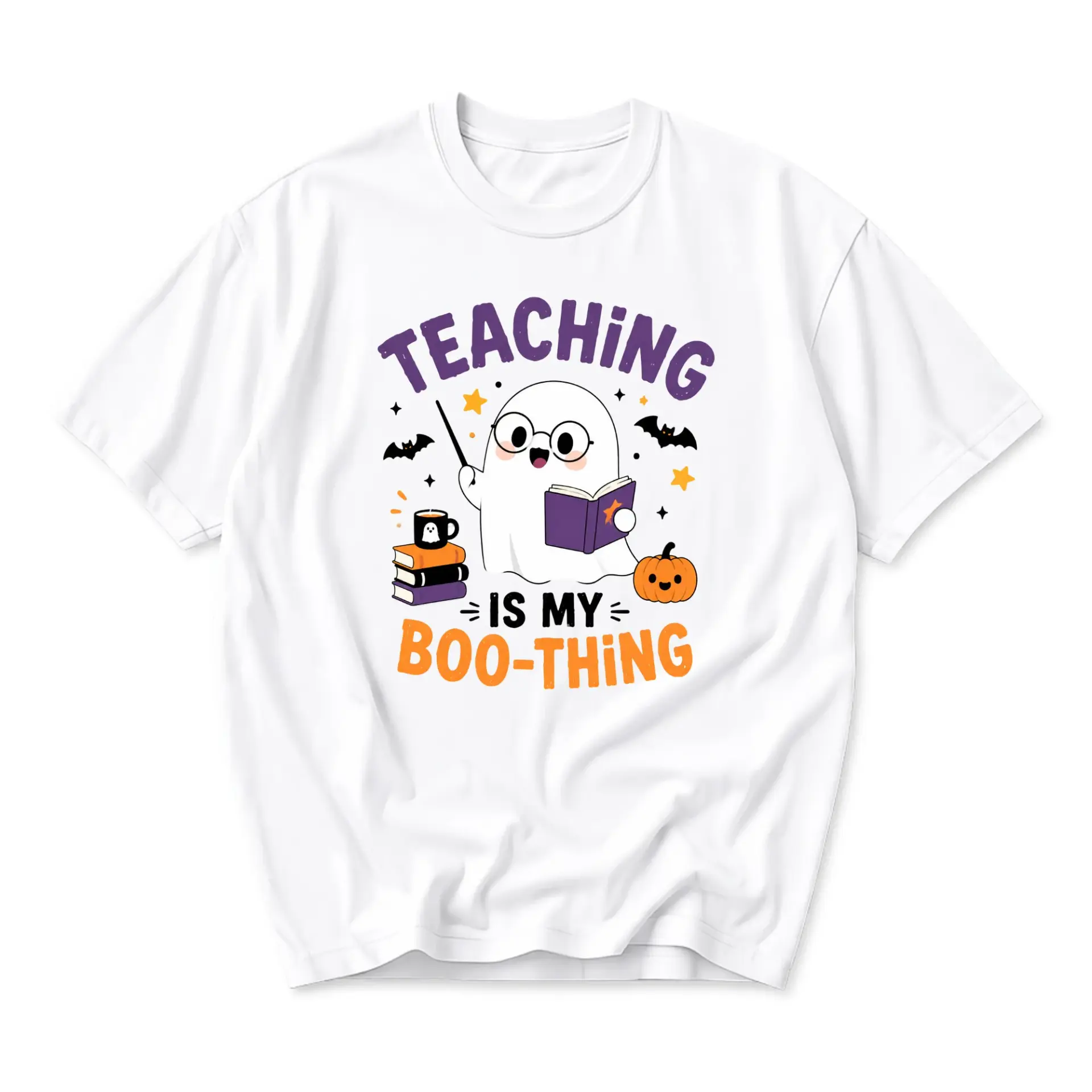 Funny Shirt Teaching Is My Boo-Thing Graphic Tee Cute Ghost Illustration Unisex Crew Neck Apparel for Casual Wear
