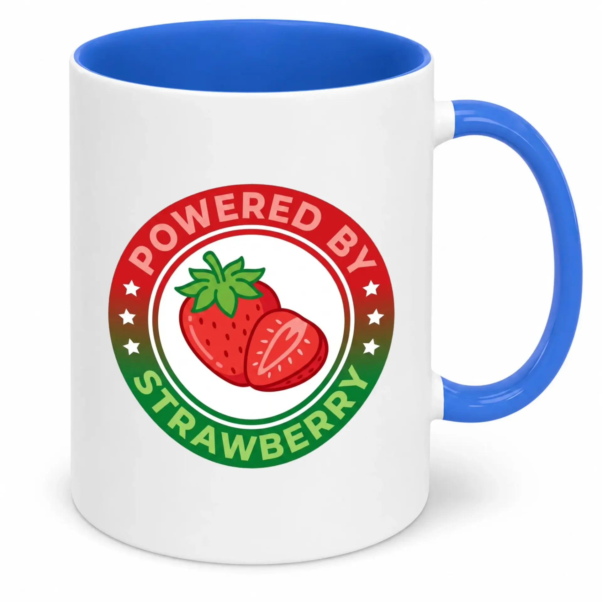 Funny Strawberry Powered by Fruit Coffee Mug, Vibrant Blue Handle Ceramic Beverage Cup, Unique Gift Idea for Fruit Lovers and Morning Drinkers