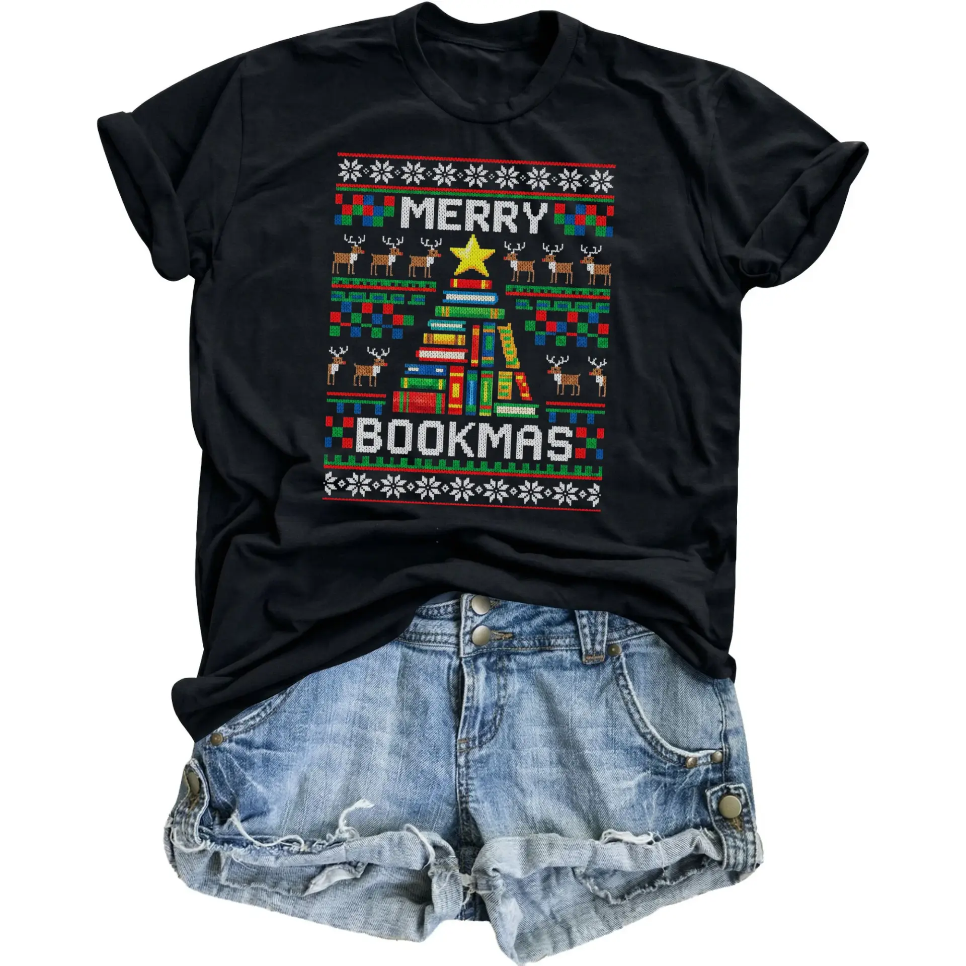 Funny Bookmas Graphic Tee Unisex Holiday Reading Lover Crew Neck Short Sleeve Shirt for Casual Winter Outfits