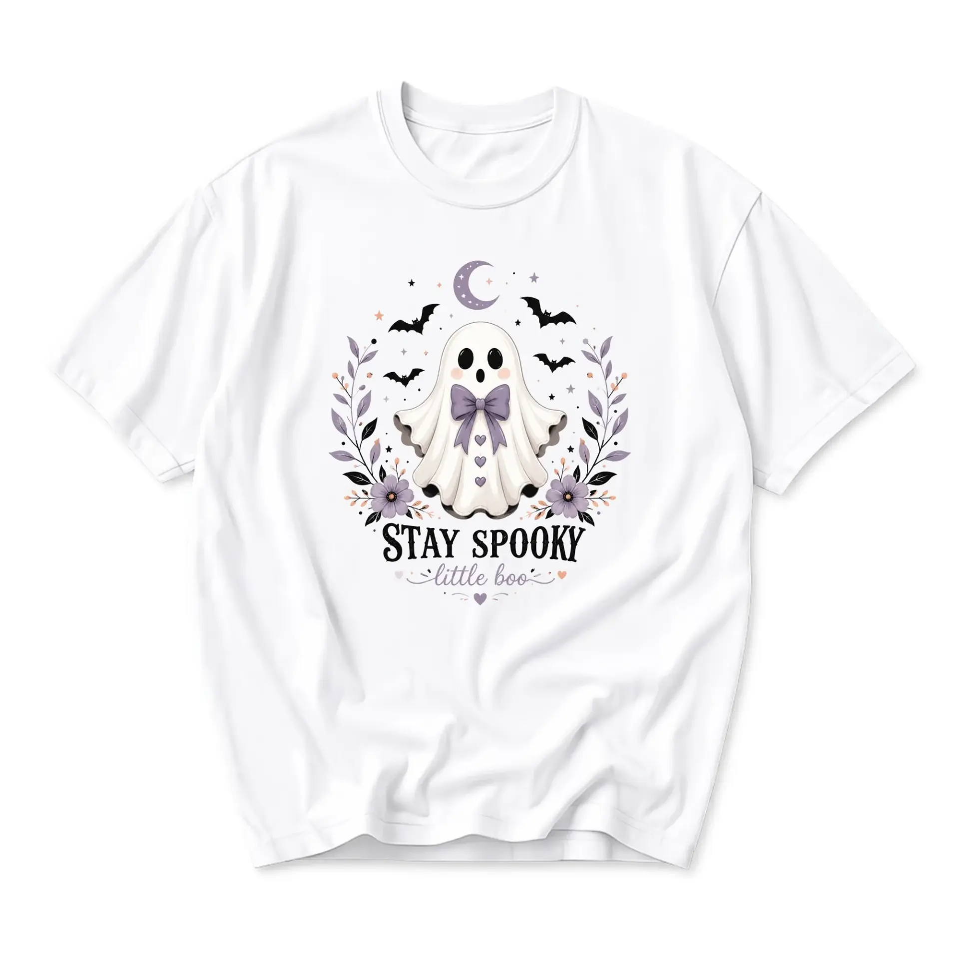 Graphic Tee Stay Spooky Little Boo Ghost Design Unisex Crew Neck Soft Cotton Blend Casual Short Sleeve Shirt White