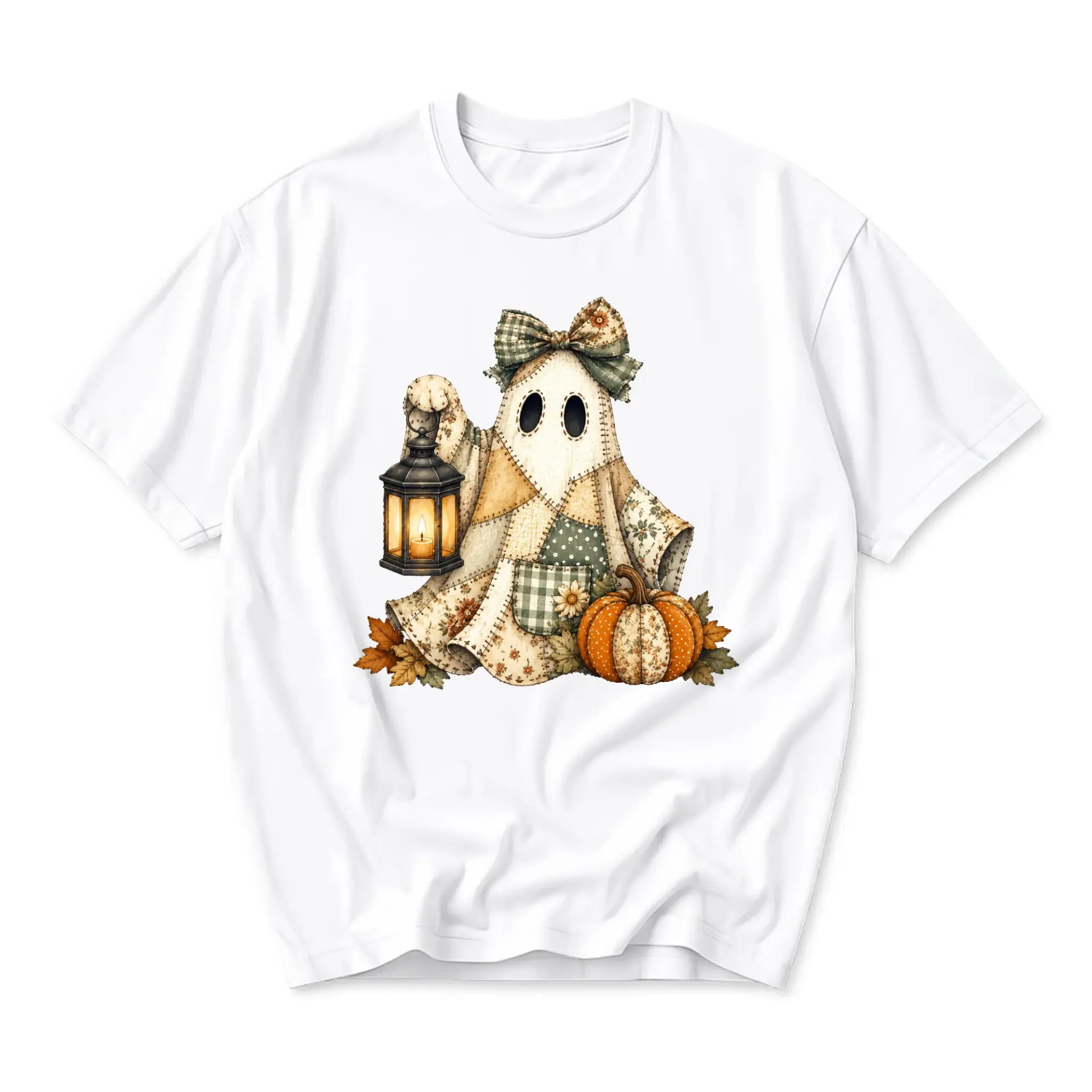 Graphic Tee Unisex Crew Neck T-Shirt Featuring Quilted Patchwork Ghost with Pumpkin Lantern Fall Seasonal Art