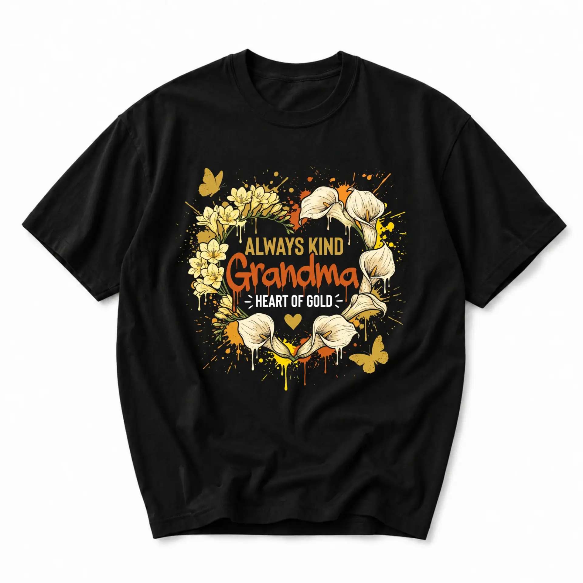 T-shirt Always Kind Grandma Heart of Gold Graphic Tee Floral Botanical Print Short Sleeve Crew Neck Casual Top
