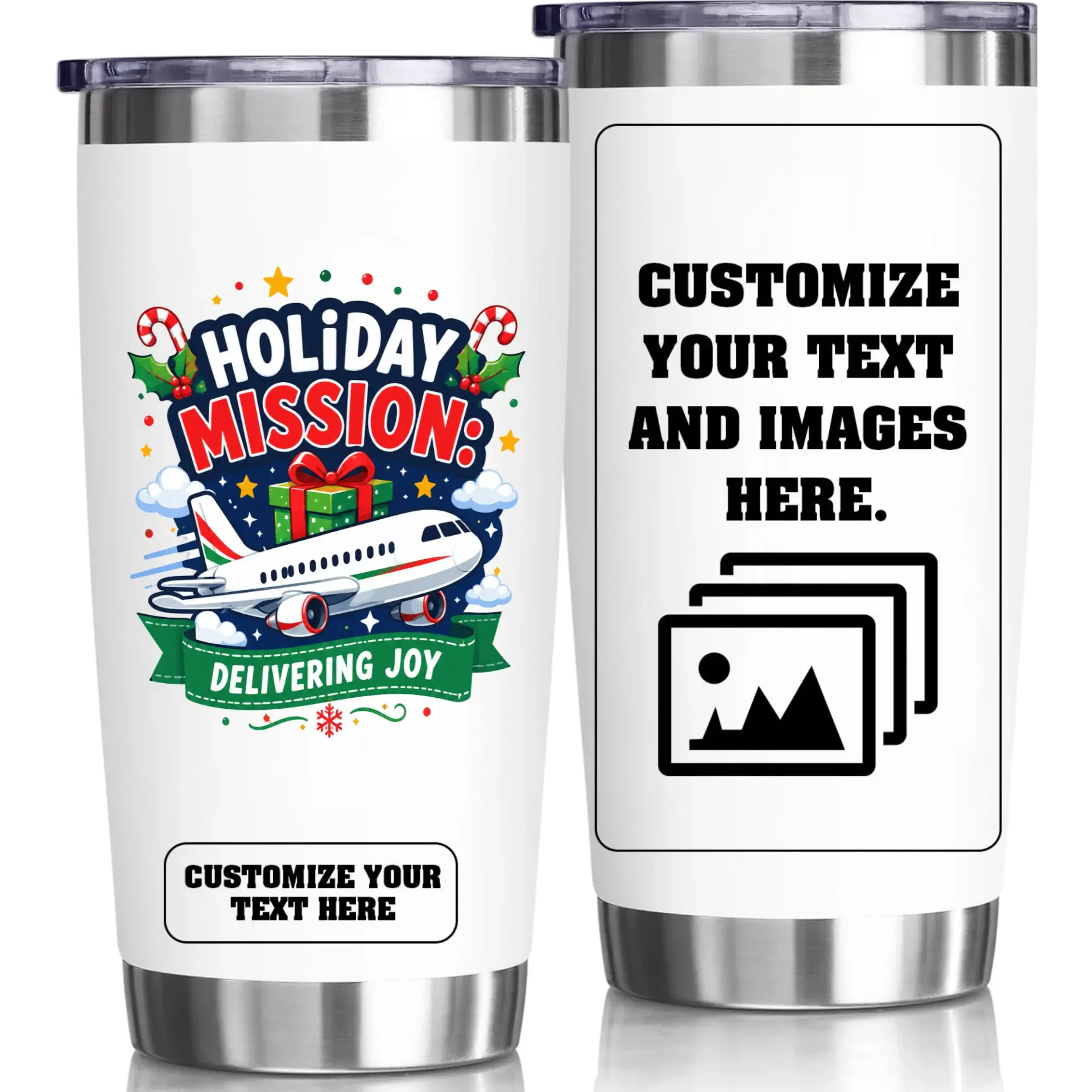 Stainless Steel Tumbler 20oz Insulated Travel Cup with Holiday Airplane Graphic for Customization and Beverage Storage