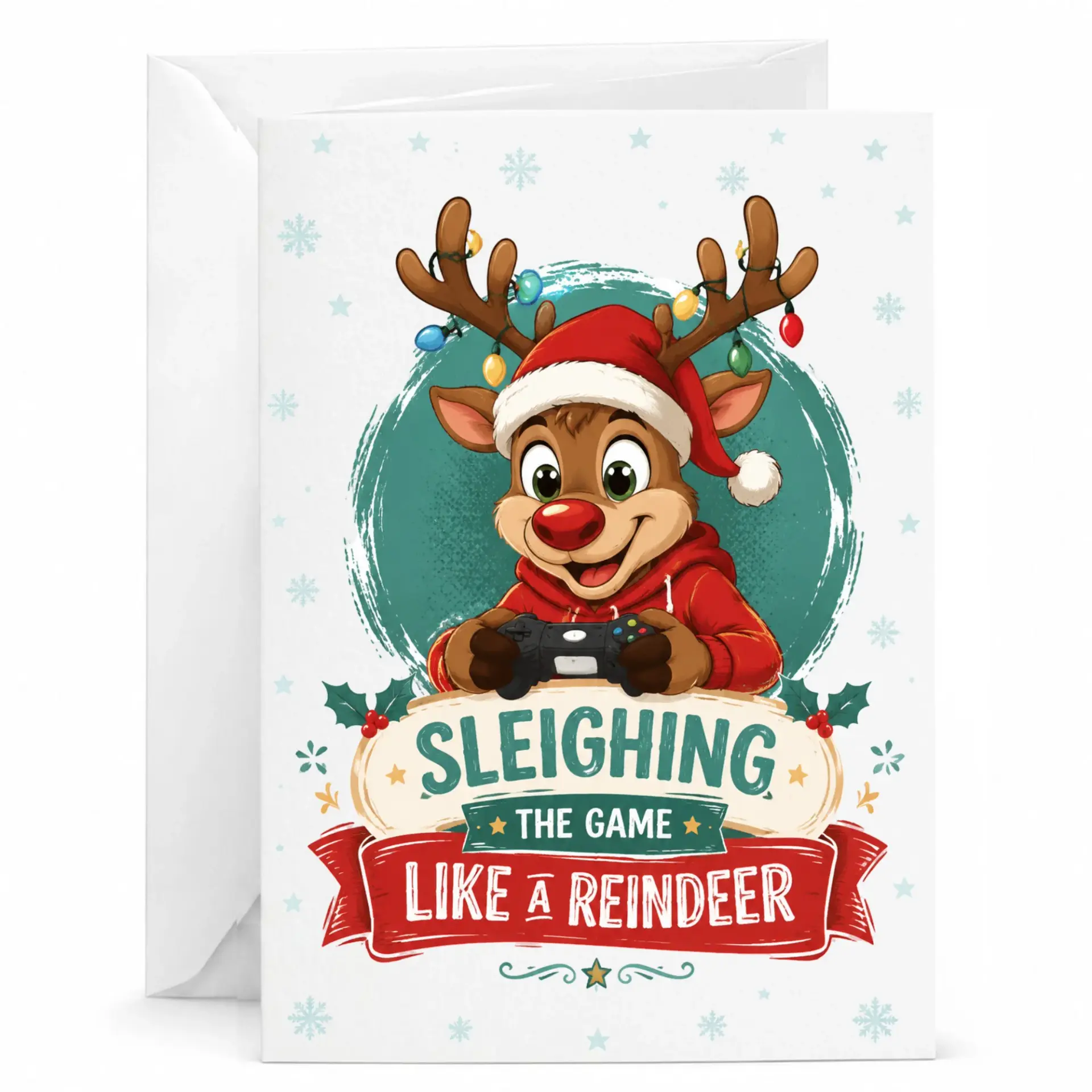 Funny Gaming Christmas Greeting Card, Reindeer Gamer Holiday Note Card, Sleighing the Game Festive Stationery