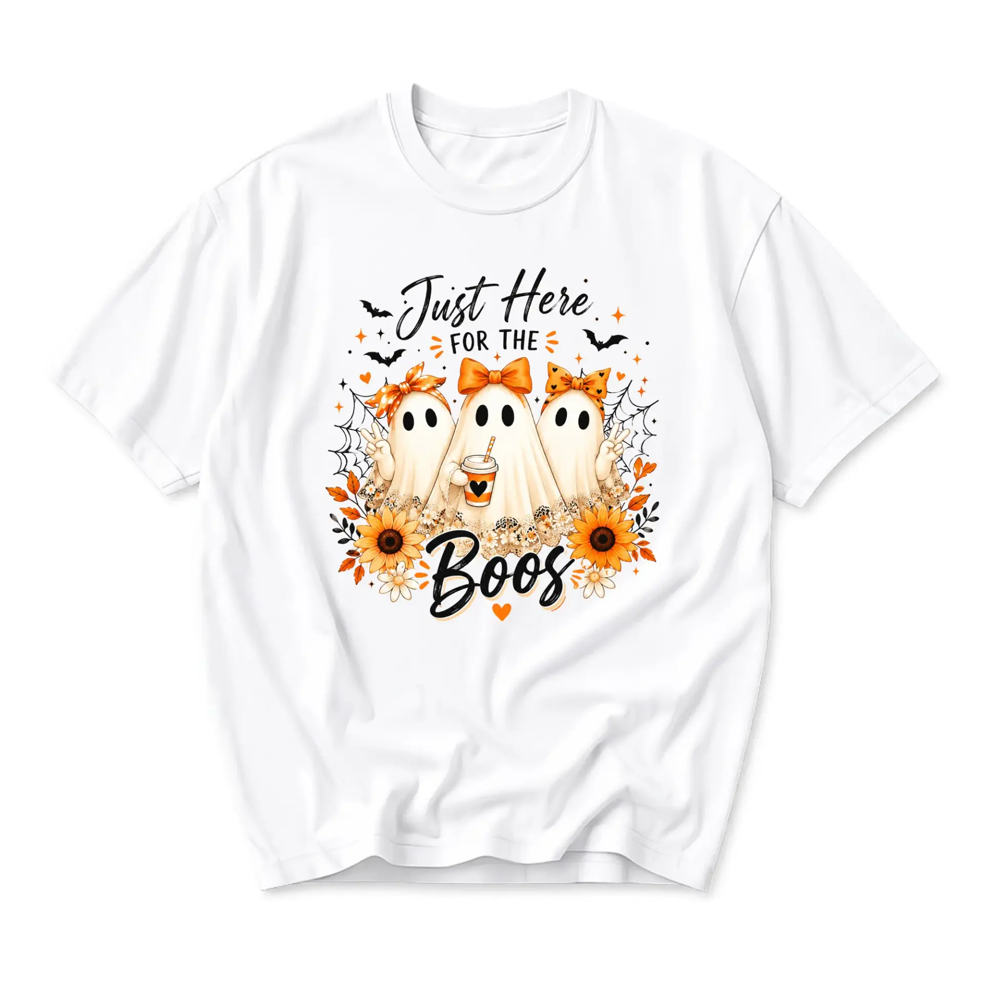Funny Shirt Just Here for the Boos Graphic Tee Featuring Cute Ghosts and Autumn Fall Sunflowers Unisex Crew Neck Top
