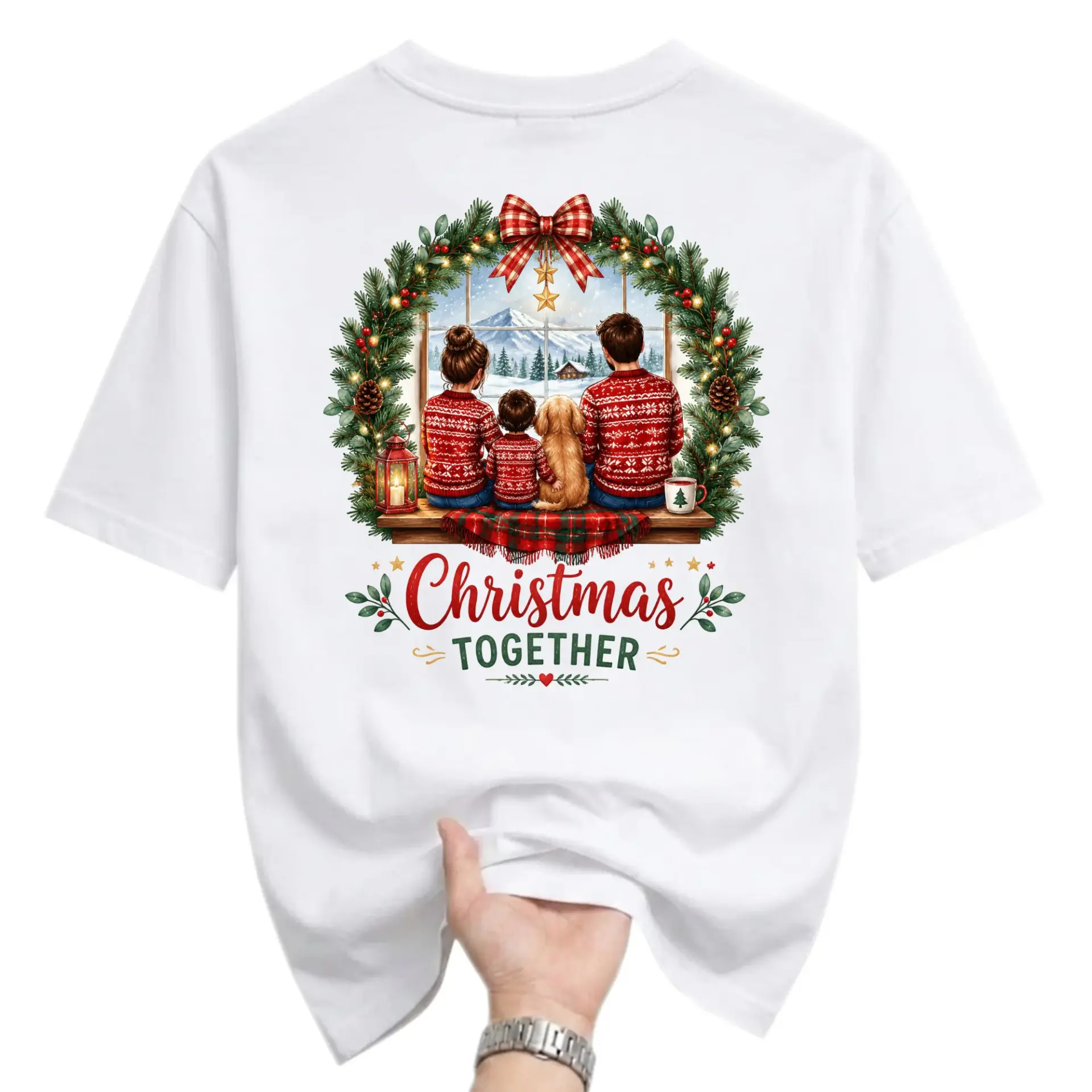 Graphic Tee Christmas Together Holiday Shirt Festive Family Window Scene Apparel Unisex Casual Crew Neck Top