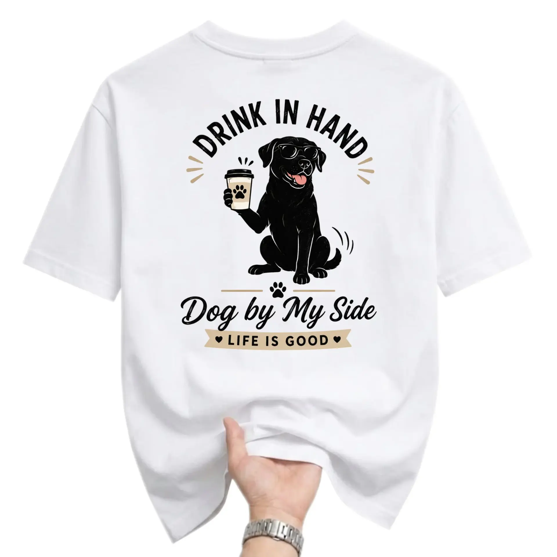 Funny Shirt Drink in Hand Dog Graphic Tee Casual Unisex Crew Neck Short