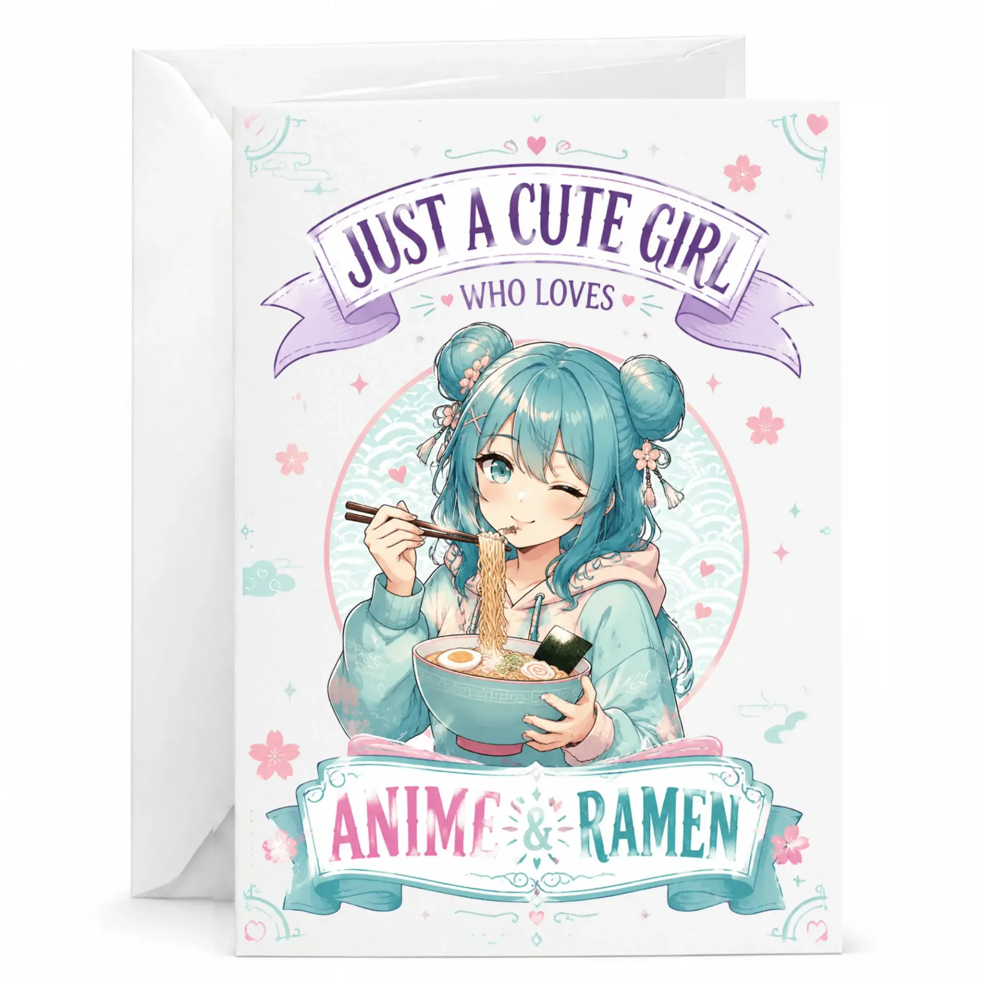 Greeting Card Cute Anime Girl Eating Ramen Illustration Design Blank Note Card for Friends and Family