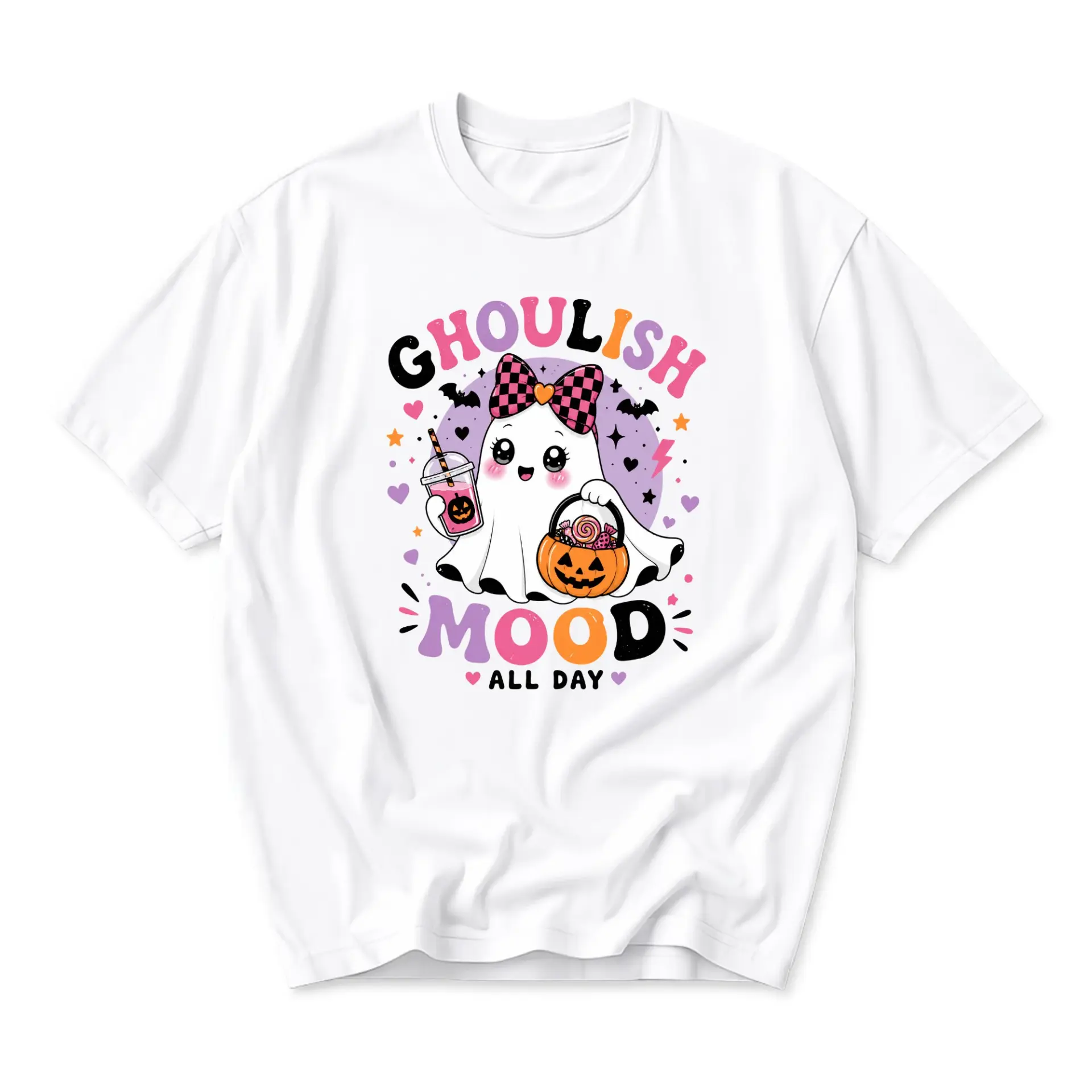 Funny Shirt Ghoulish Mood All Day Cute Ghost Graphic Tee Unisex Crew Neck Short Sleeve Casual Cotton Blend Top