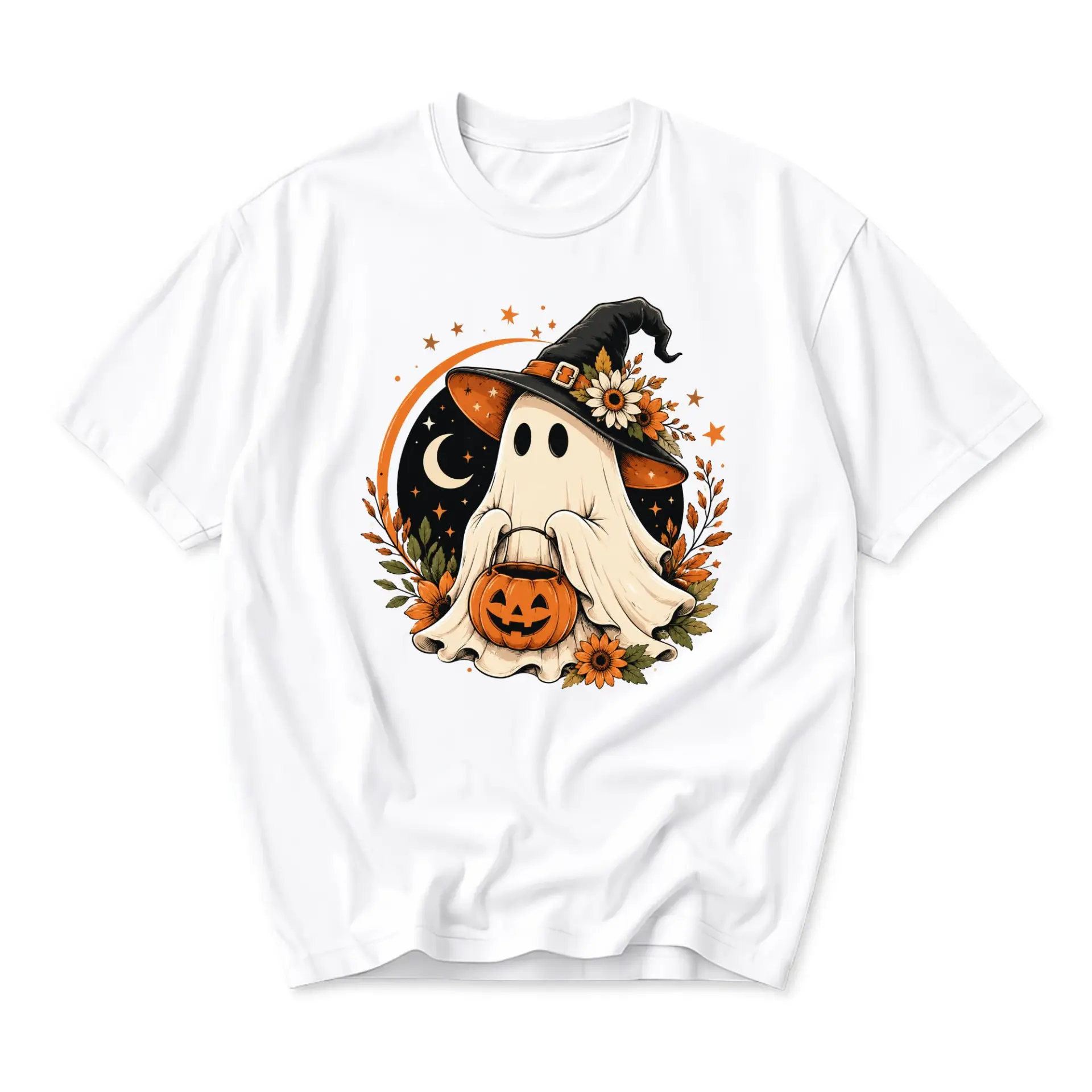 Graphic Tee Cute Ghost Wearing Witch Hat with Pumpkin Fall Seasonal Art Unisex Crew Neck Casual Cotton Blend Shirt
