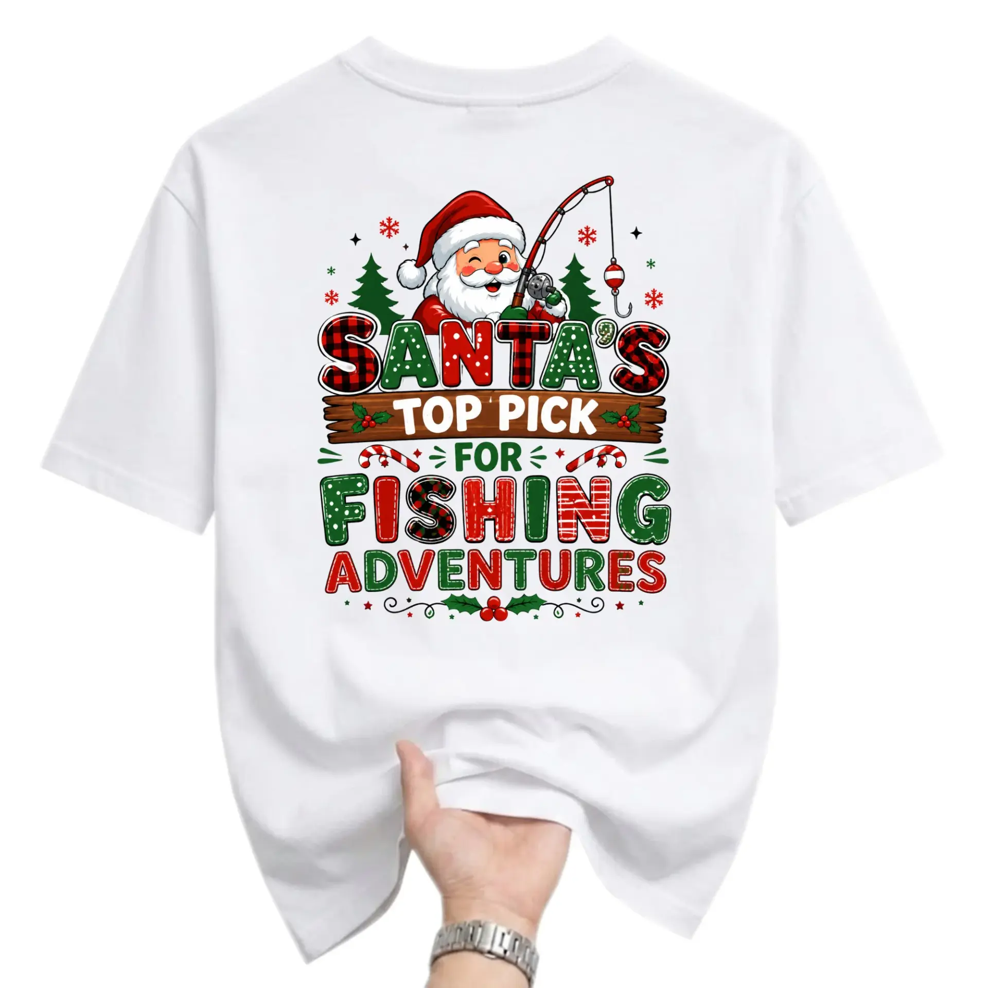 Funny Shirt Santa Fishing Graphic Tee Holiday Seasonal Unisex Crew Neck