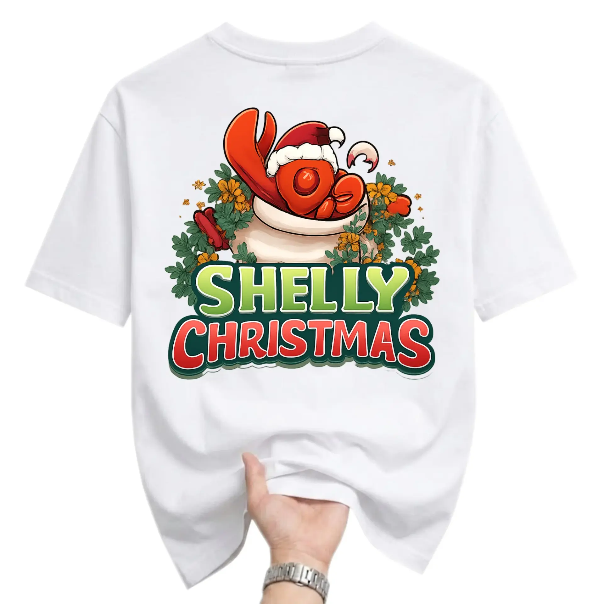 Graphic Tee Shelly Christmas Lobster in Santa Hat Funny Holiday Unisex Crew Neck Casual Everyday Printed T-Shirt