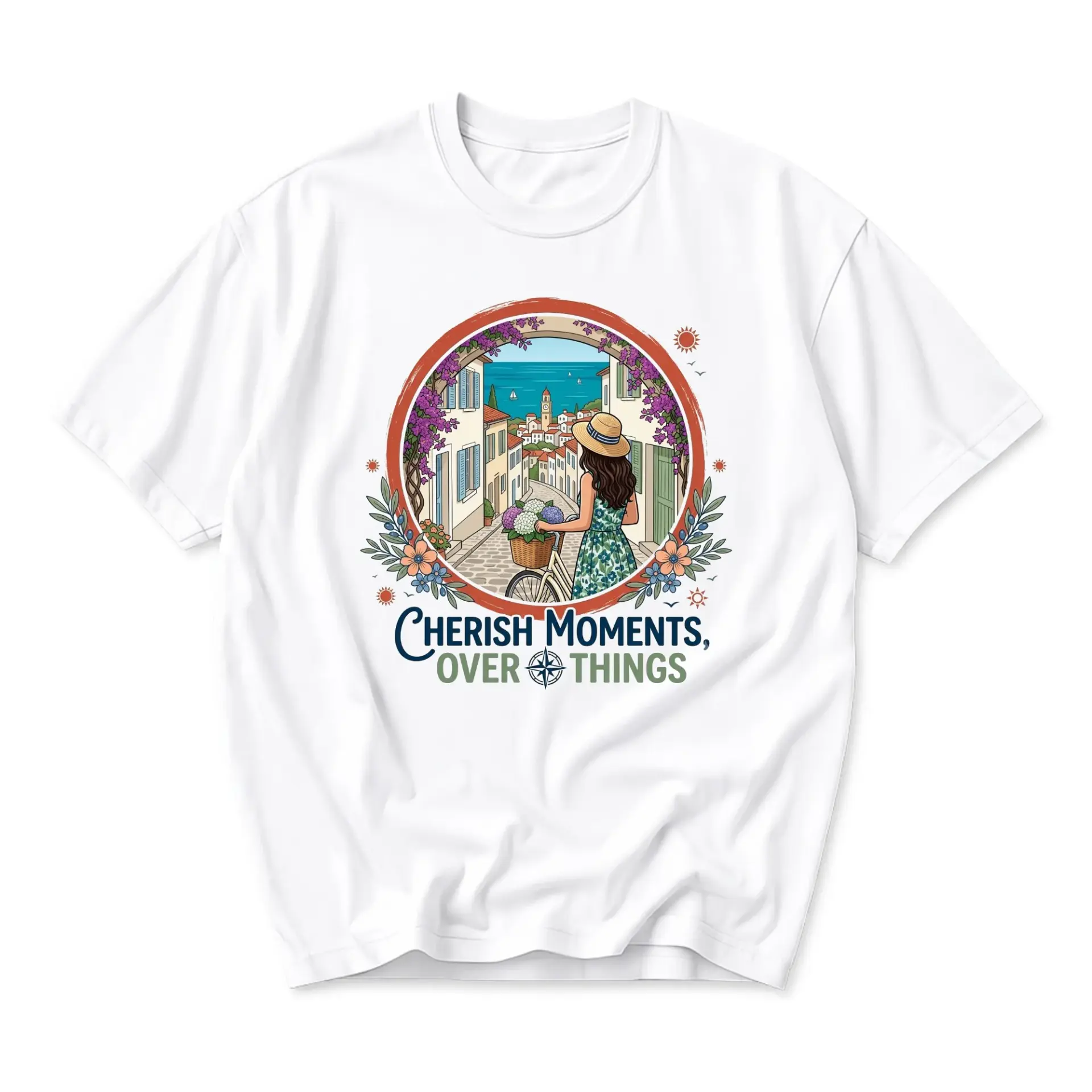 Graphic Tee Cherish Moments over Things Coastal Village Illustration Unisex Crew Neck Short Sleeve Casual Cotton Shirt