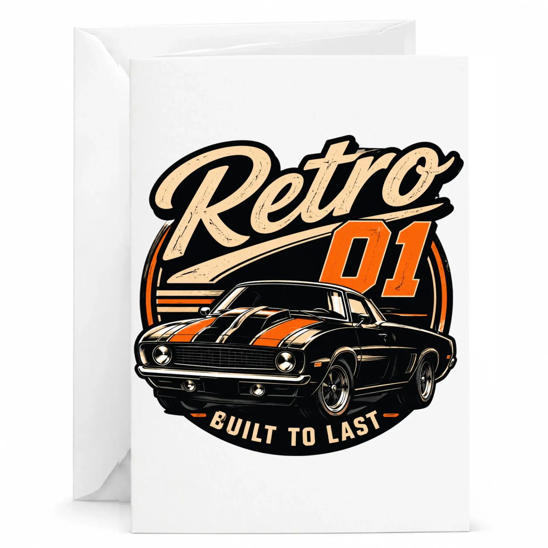 Greeting Card Vintage Muscle Car Retro 01 Built to Last Design Printed Folded Stationery for Car Enthusiasts