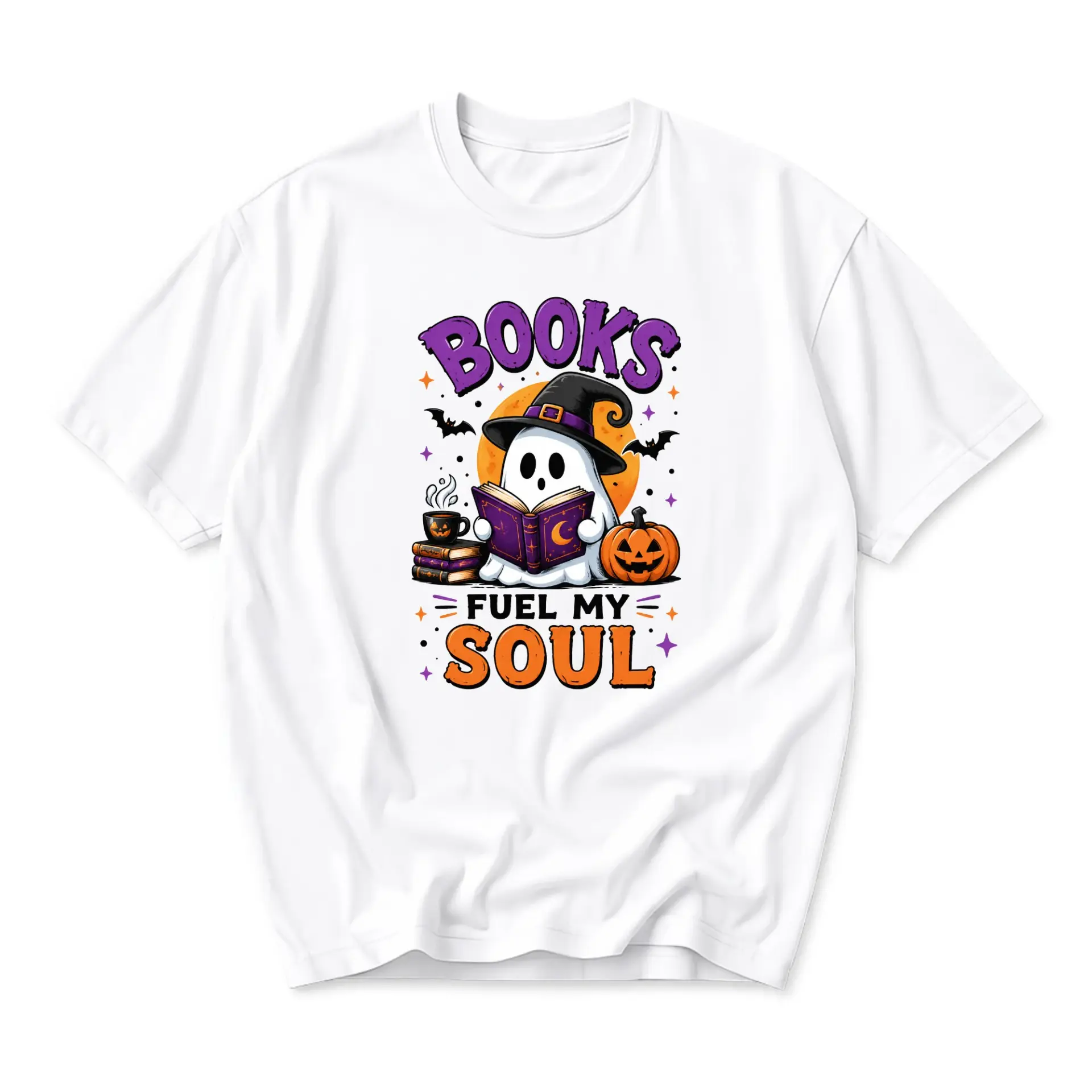 Funny Shirt Books Fuel My Soul Ghost Reading Graphic Tee Seasonal Halloween Inspired Casual Unisex Crew Neck Top