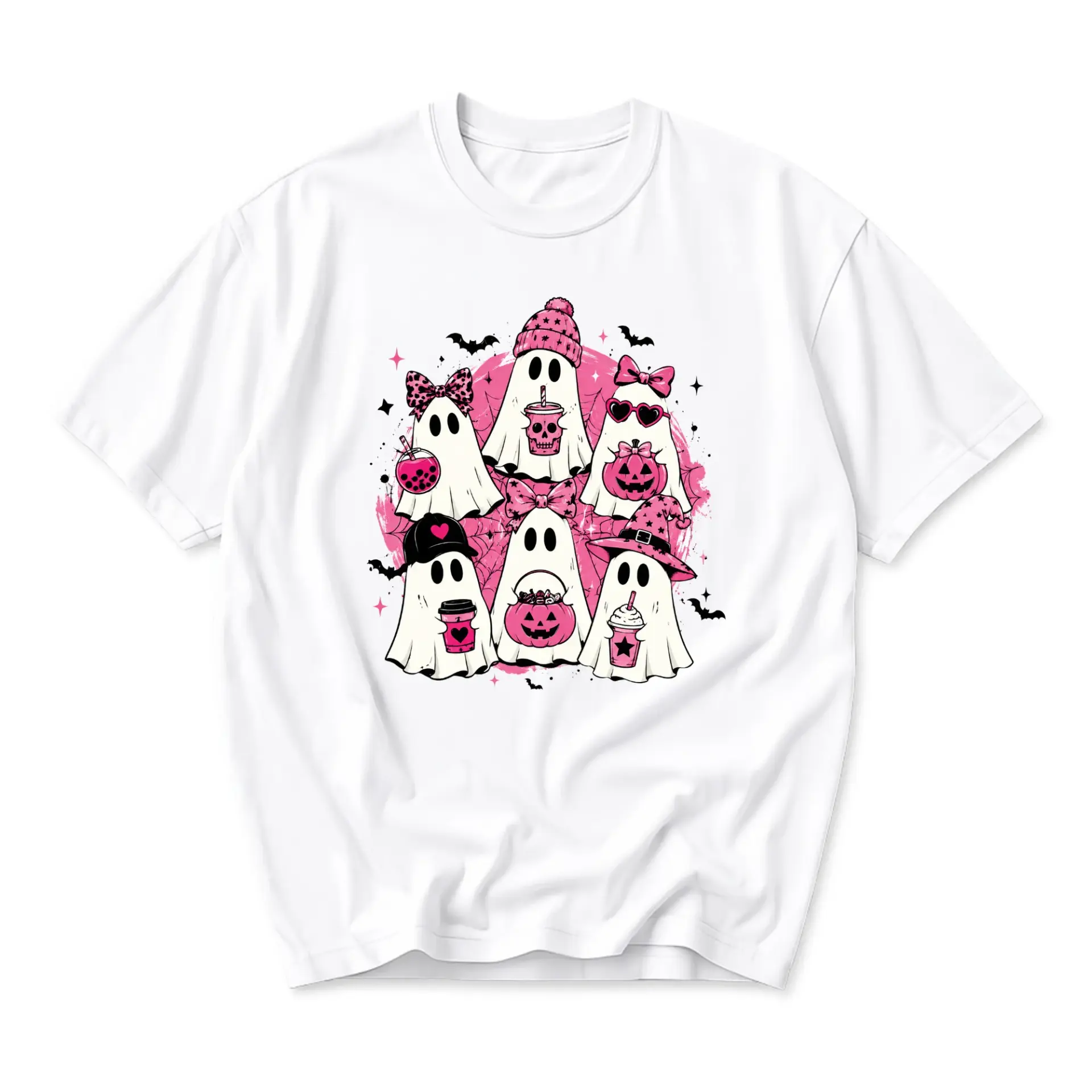 Graphic Tee Pink Halloween Ghost Squad Shirt for Women and Men Casual Short Sleeve Cotton Blend Seasonal Apparel
