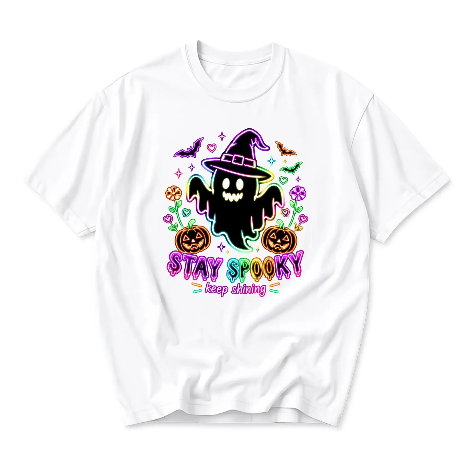 Graphic Tee Stay Spooky Neon Ghost Witch Hat Design Unisex Casual Crew Neck T-Shirt for Everyday Holiday Apparel