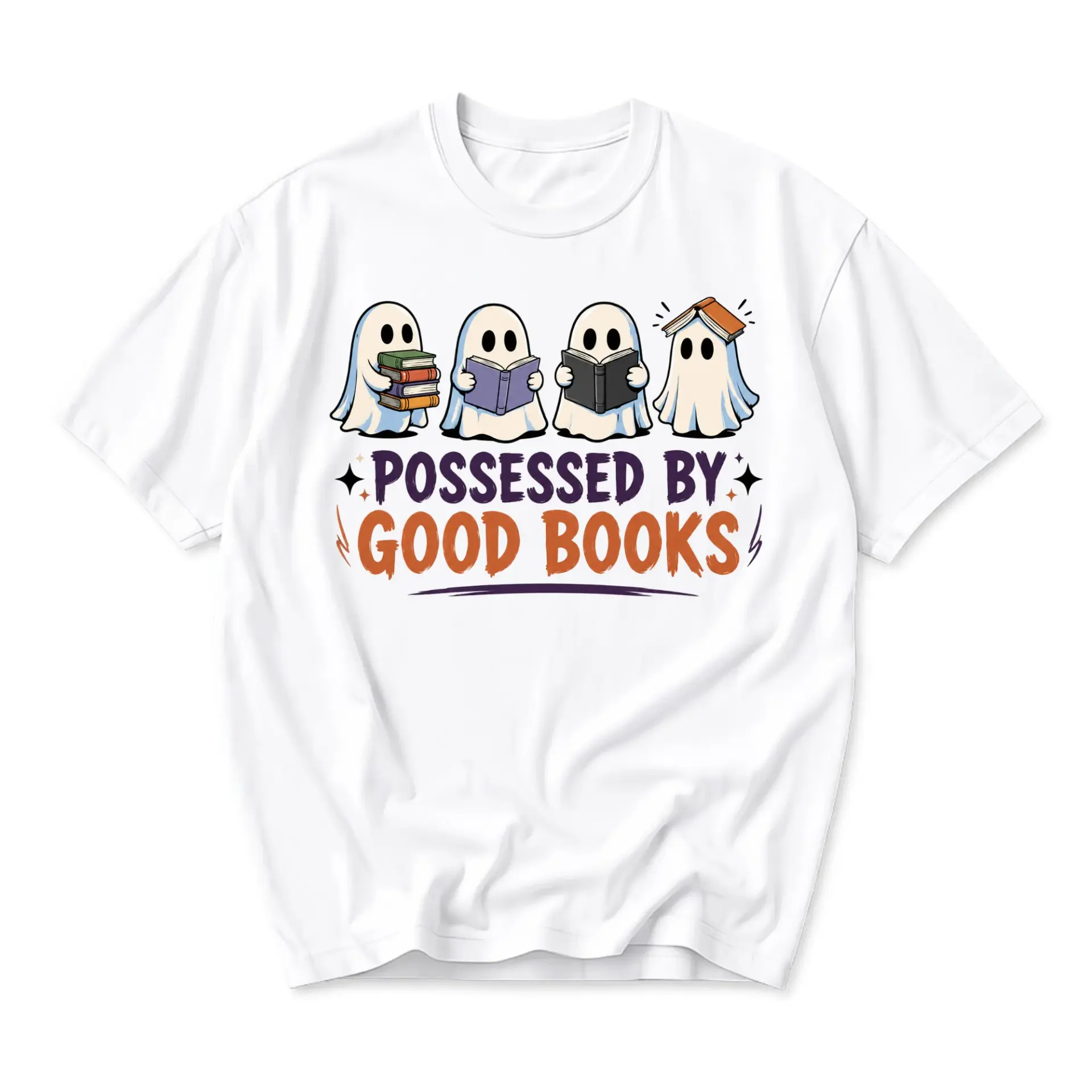Funny Shirt Possessed by Good Books Graphic Tee Unisex Casual Apparel for Avid Readers and Library Lovers White Crew Neck