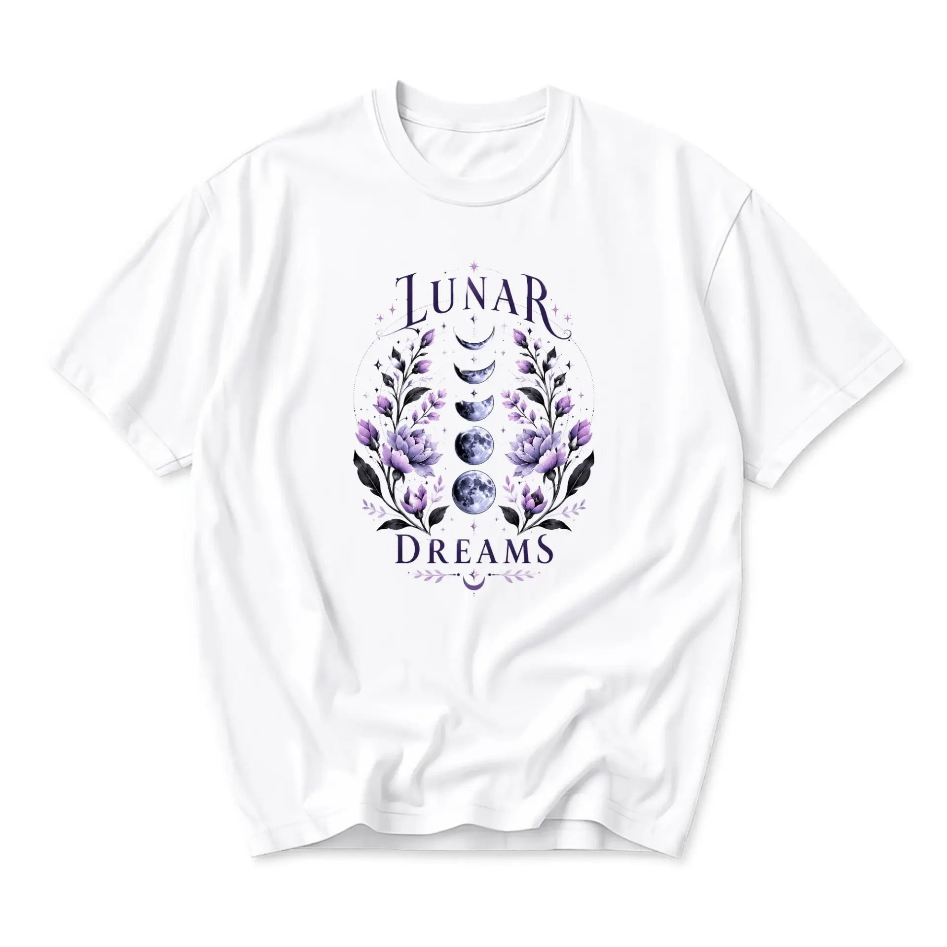 Graphic Tee Lunar Dreams Celestial Floral Moon Phases Illustration White Unisex Casual Short Sleeve Crew Neck Shirt