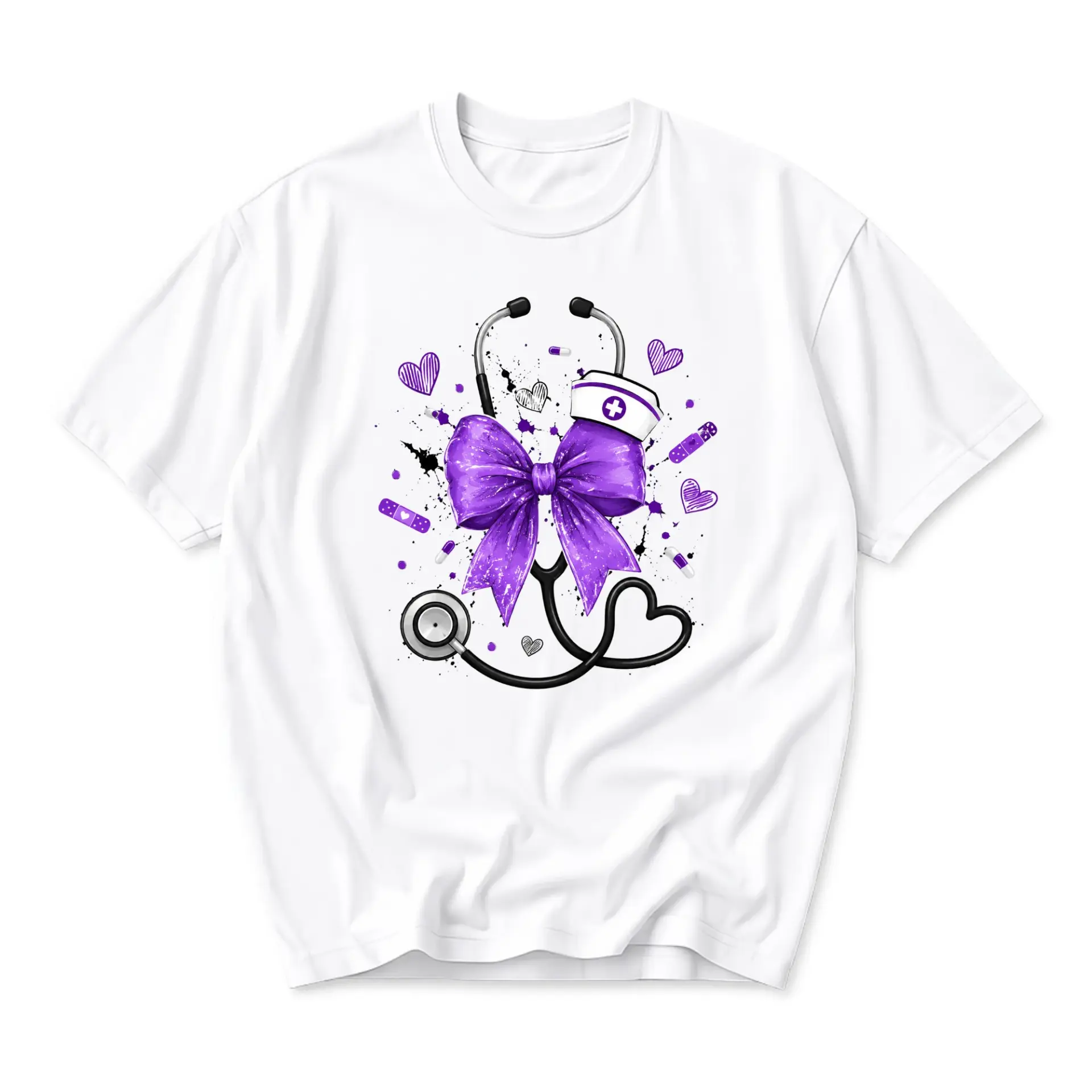Graphic Tee Stethoscope and Purple Bow Medical Professional Design Unisex Casual Crew Neck Short Sleeve Shirt