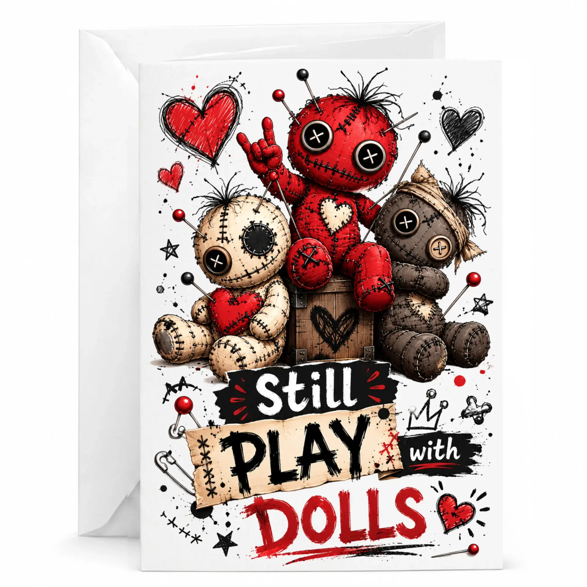 Funny Doll Greeting Card Quirky Gothic Style Birthday Note for Friends Unique Alt Stationery