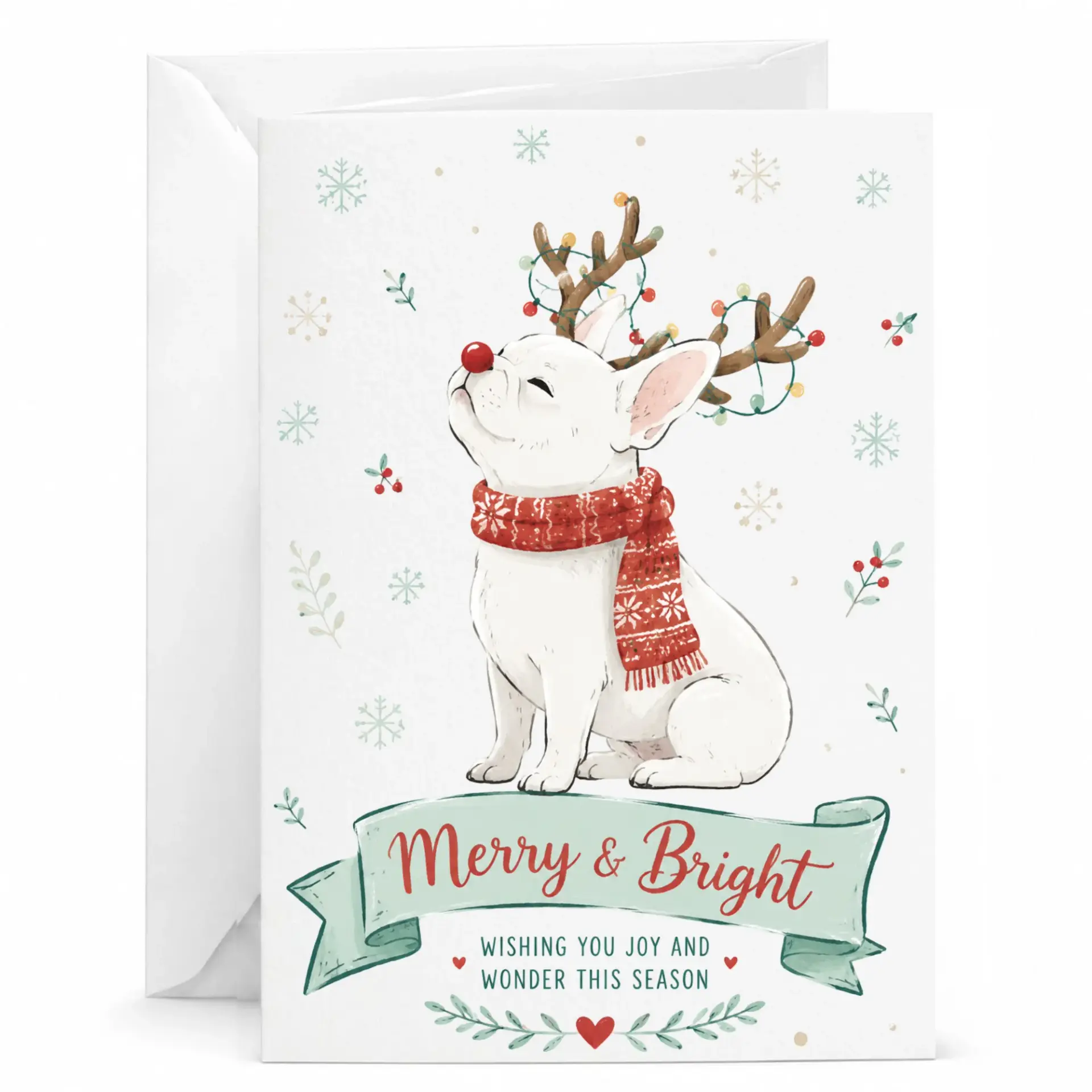 Funny Holiday Greeting Card Featuring Festive French Bulldog Illustration for Seasonal Wishes and Special Greetings