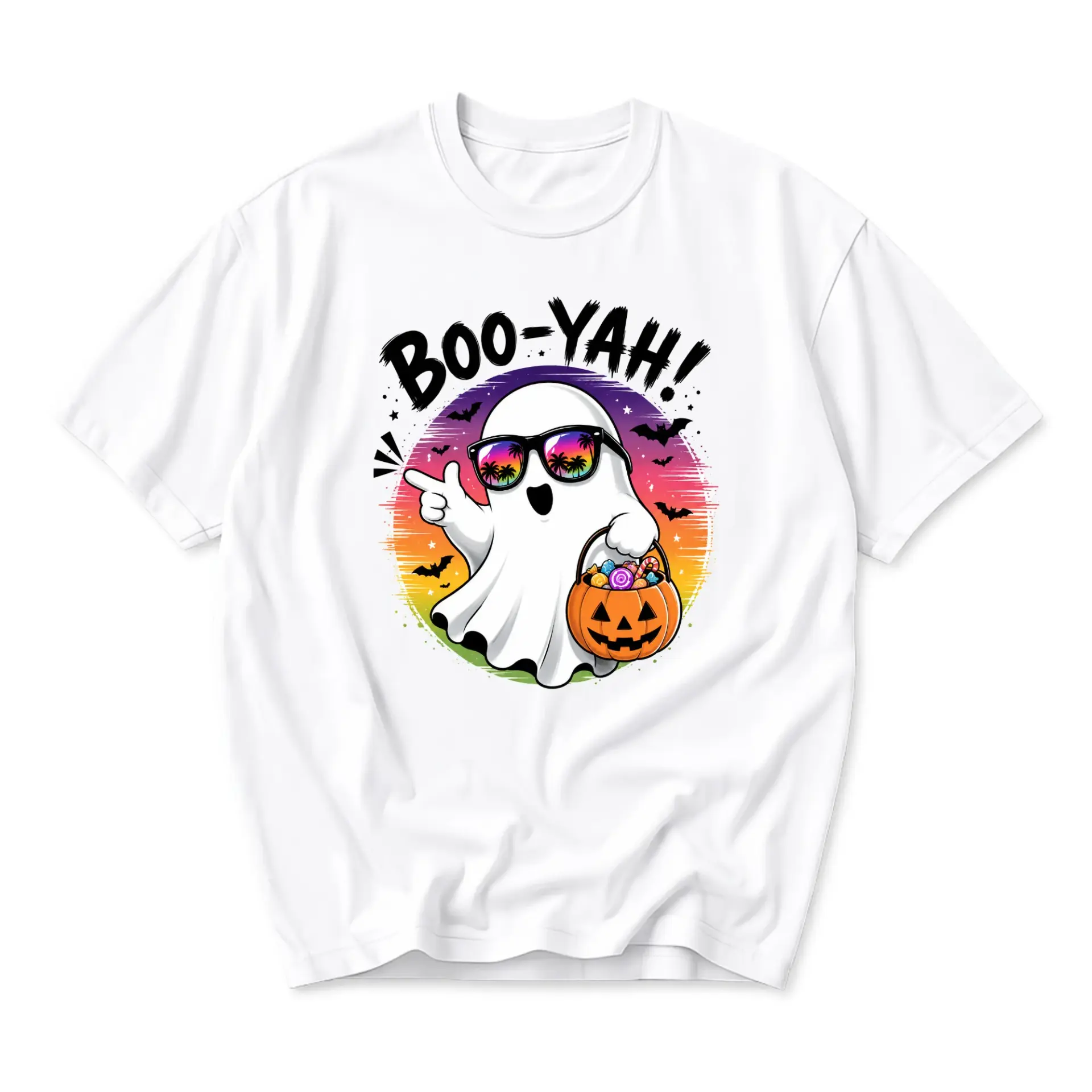 Graphic Tee Unisex Crew Neck Short Sleeve Shirt Featuring Retro Sunset Ghost Character with Sunglasses Candy Bucket