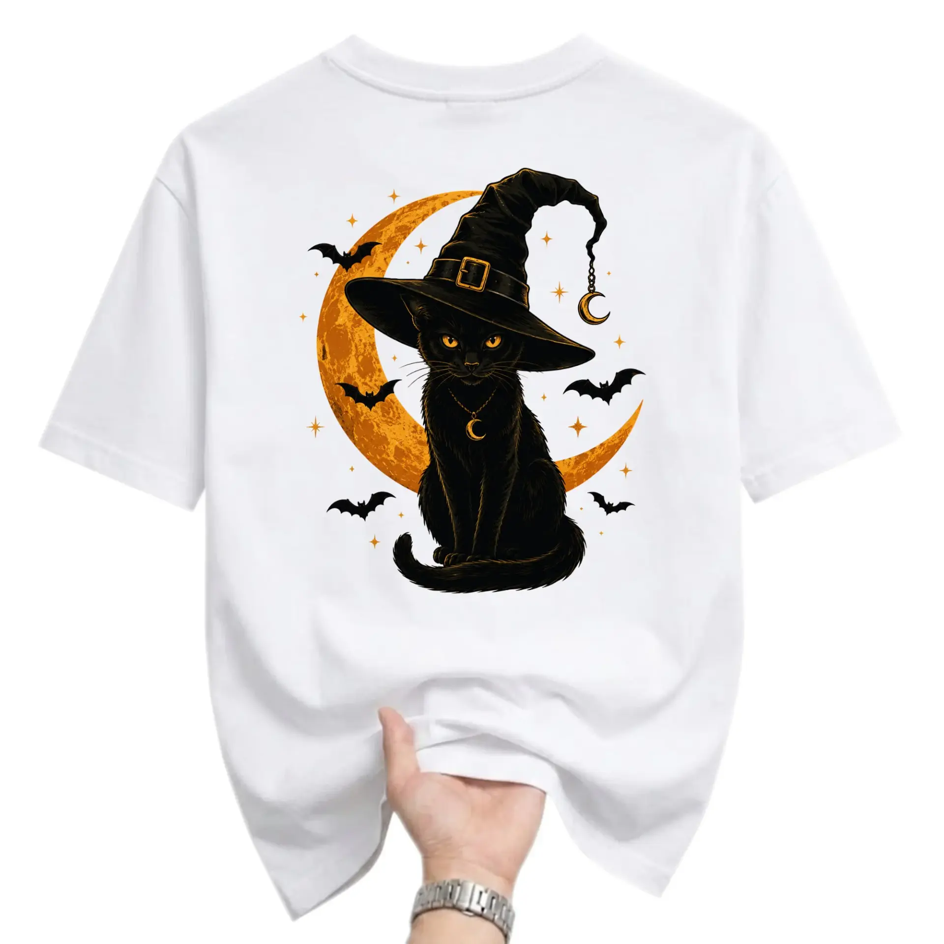 Graphic Tee Black Cat Wearing Witch Hat with Crescent Moon and Bats Artistic Illustration Print Unisex Crew Neck Shirt