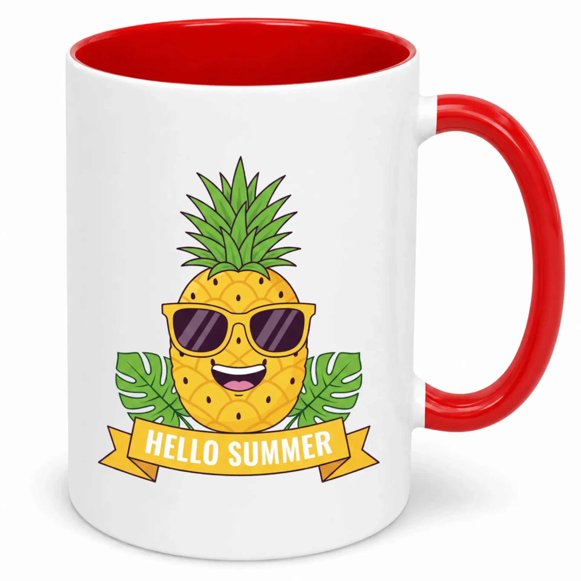 Funny Tropical Pineapple Sunglasses Ceramic Coffee Mug, Hello Summer Themed Drinkware for Home Office, 11oz or 15oz White and Red Beverage Cup