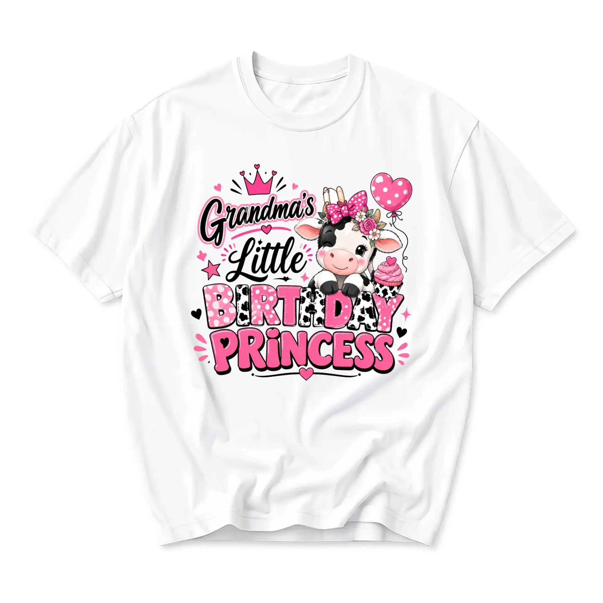 Graphic Tee Grandma's Little Birthday Princess Cow Floral Design Unisex Crew Neck Everyday Casual Short Sleeve Shirt