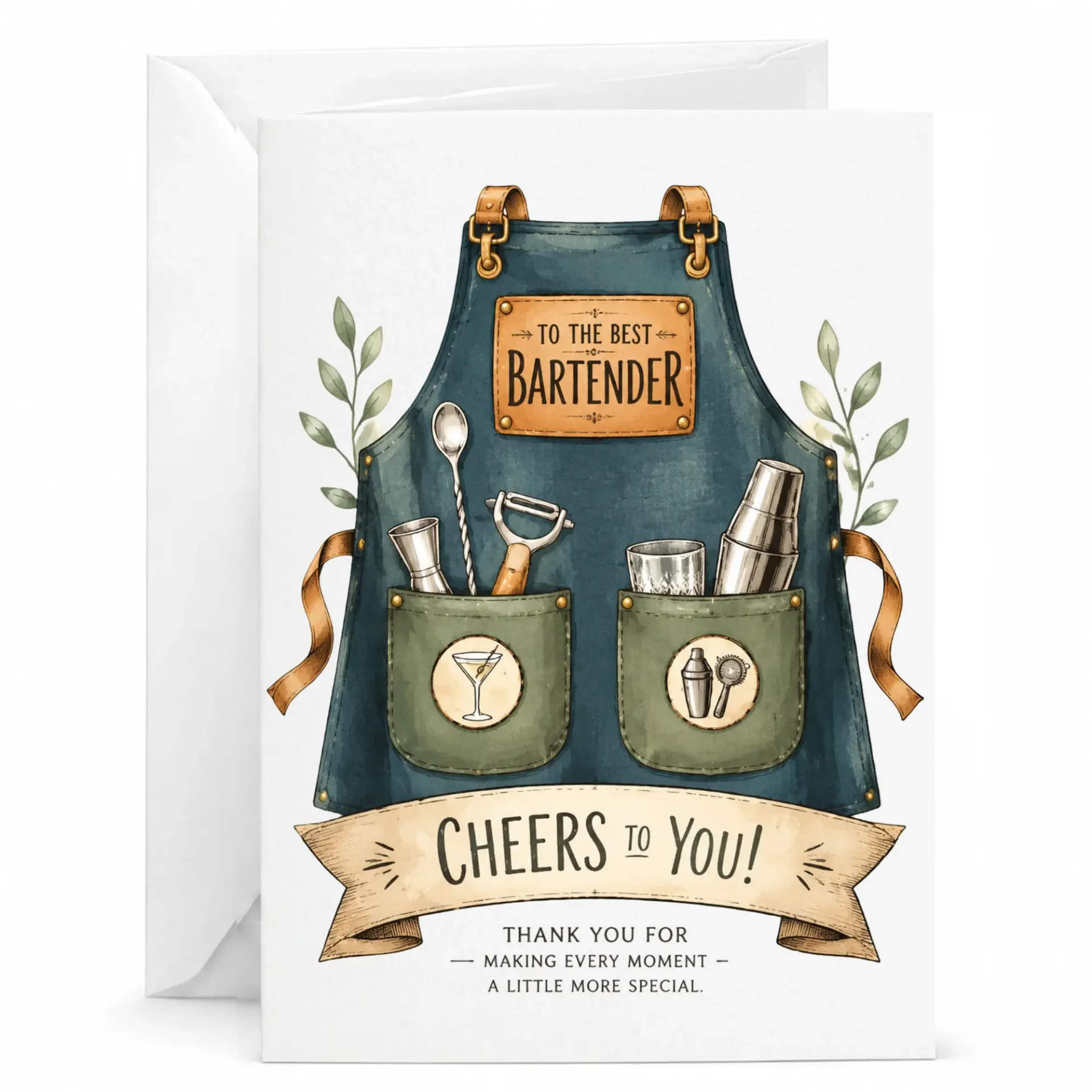 Card for Greeting with Illustrated Apron Design and Cheers to 5x7 Inches