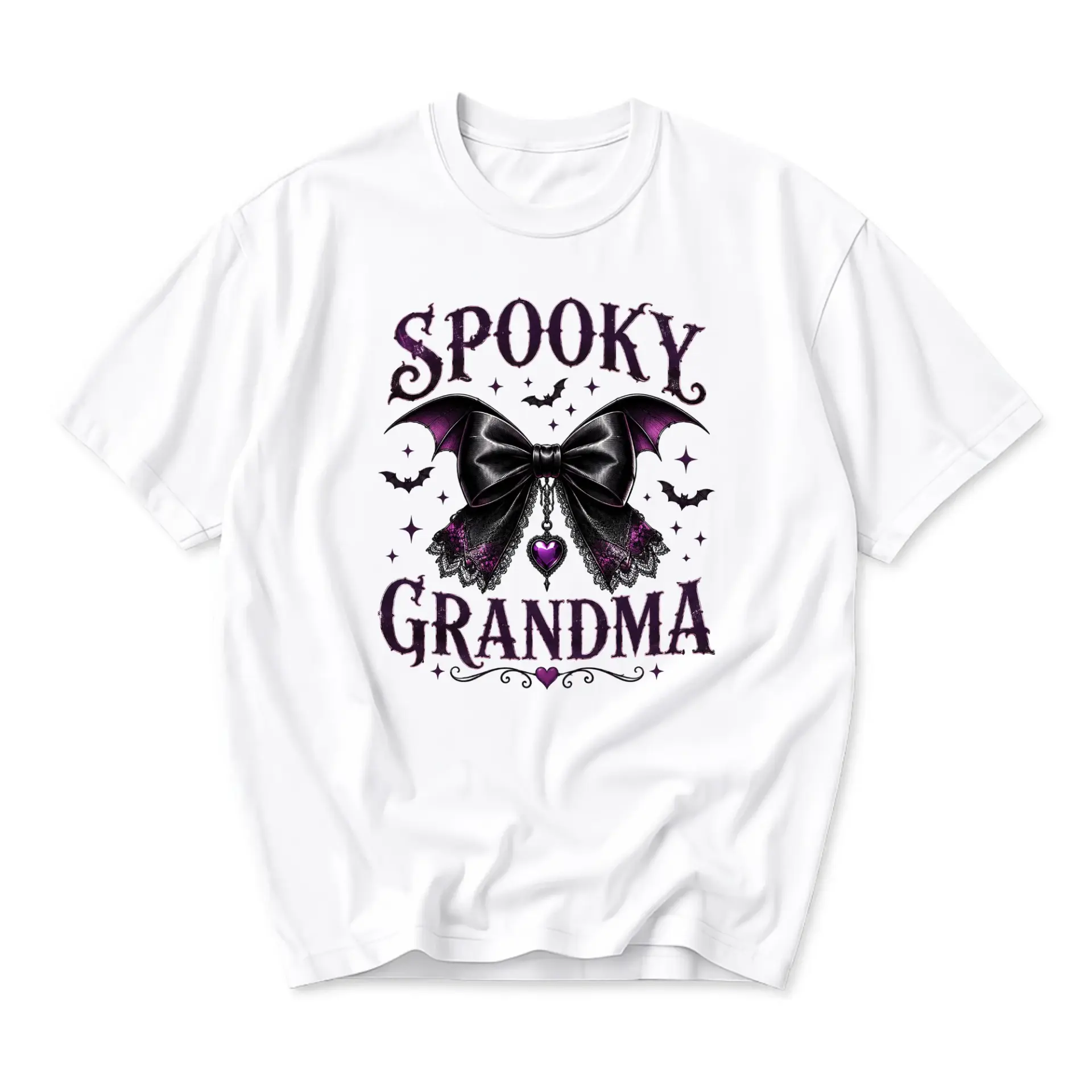 Graphic Tee Spooky Grandma Halloween Bow Bat Wings Unisex Crew Neck T-Shirt for Casual Everyday Wear White Large