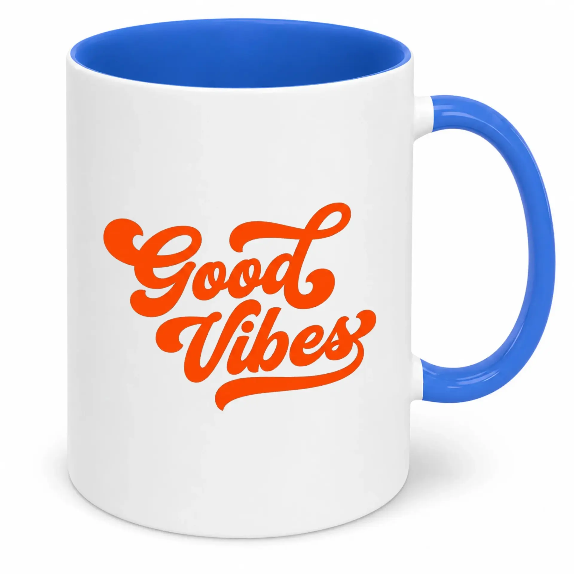 Good Vibes Ceramic Coffee Mug, White with Blue Handle, Retro Orange Script Design, Inspirational Drinkware, 11oz or 15oz