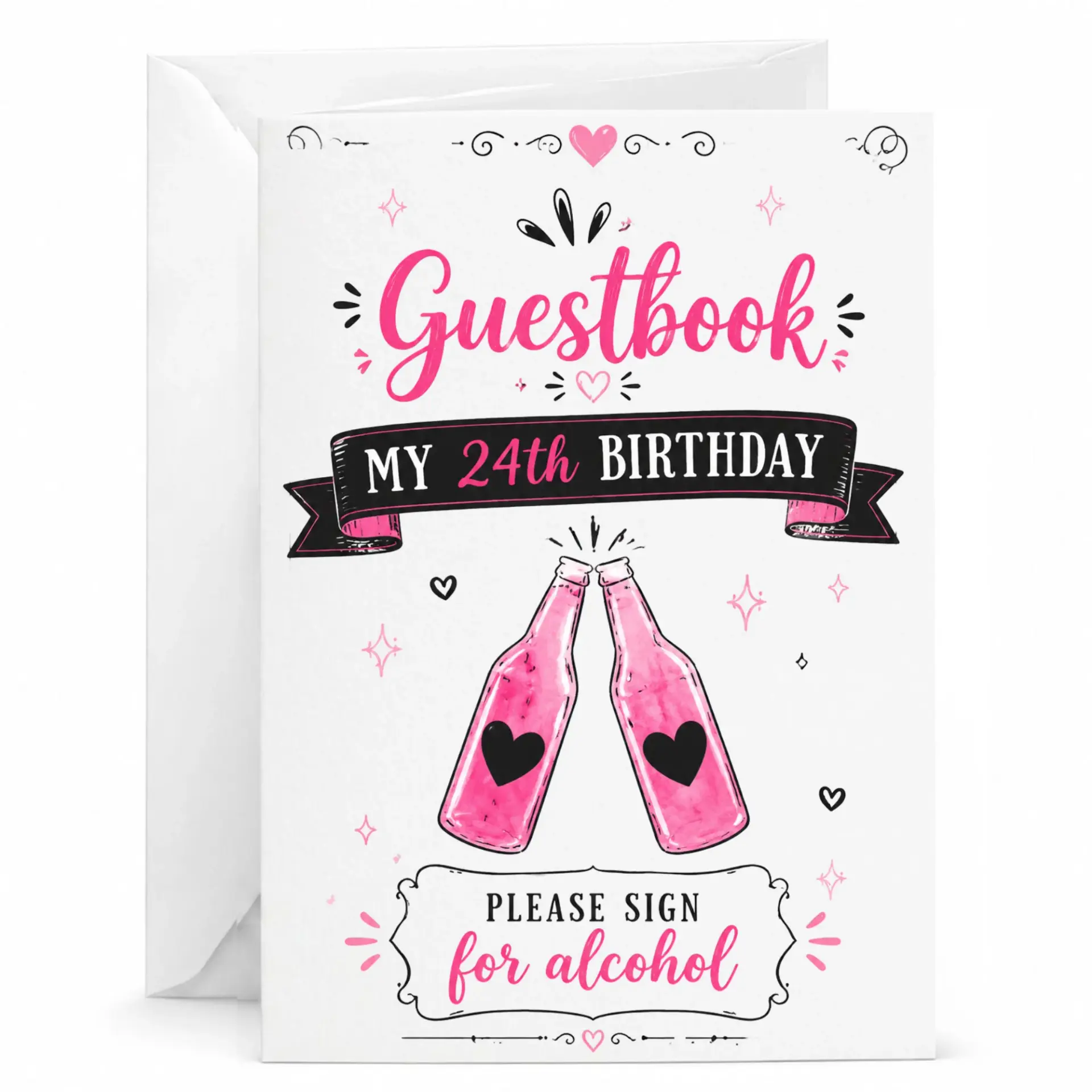 Birthday Card for 24th Birthday Party Guestbook Sign Funny Alcohol Theme Greeting Card with White Envelope