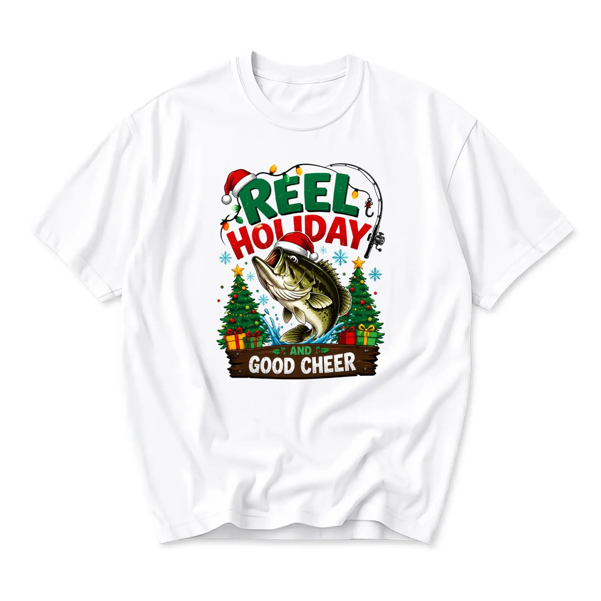 Funny Shirt Reel Holiday and Good Cheer Graphic Tee Unisex Crew Neck Casual