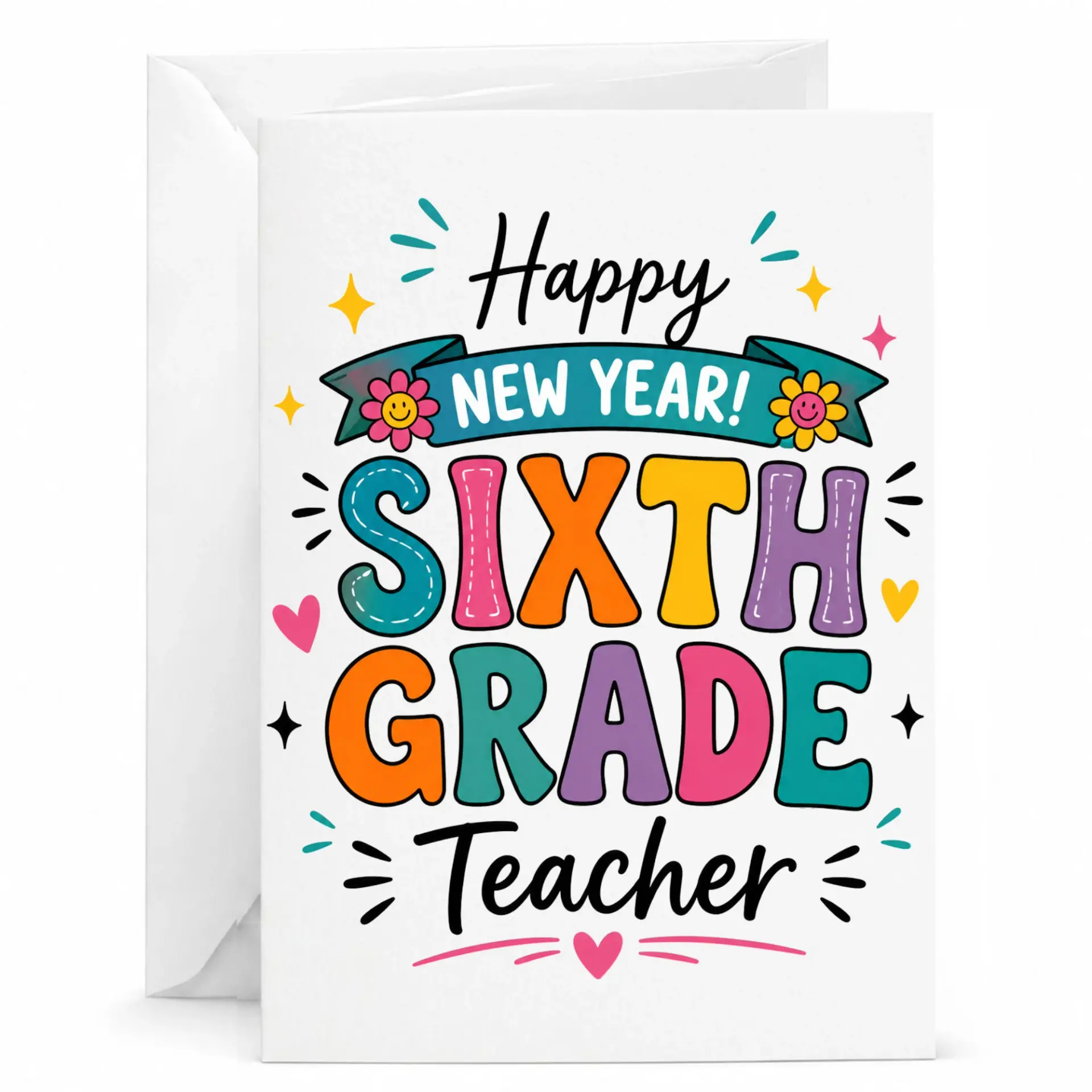 Personalized Greeting Card Happy New Year Sixth Teacher Colorful