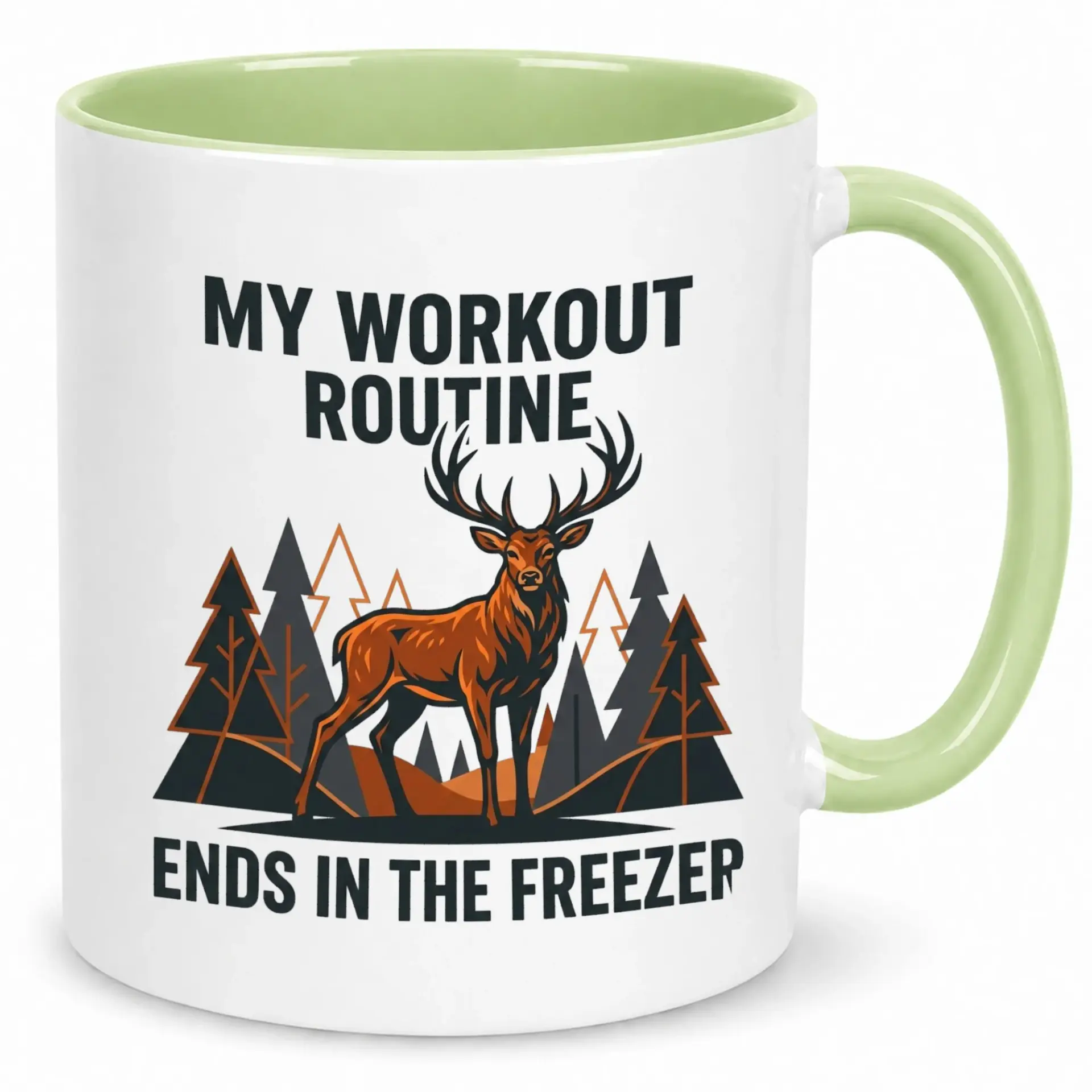 Funny Hunting Themed Ceramic Coffee Mug with Deer and Forest Design, Humorous Workout Routine Statement for Outdoorsmen and Hunters