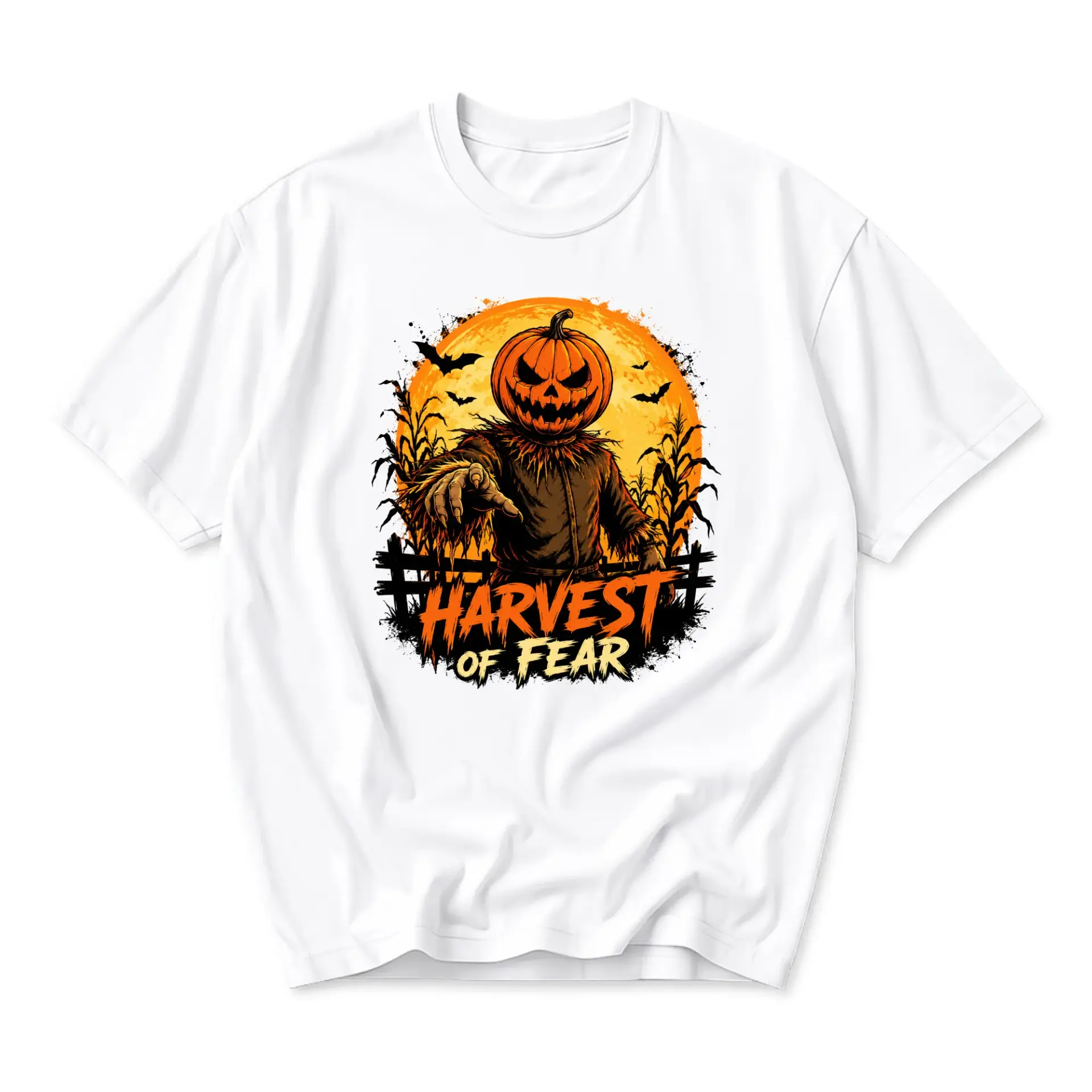 Graphic Tee Harvest of Fear Scary Pumpkin Scarecrow Halloween Illustration Unisex Cotton Crew Neck Casual Short Sleeve