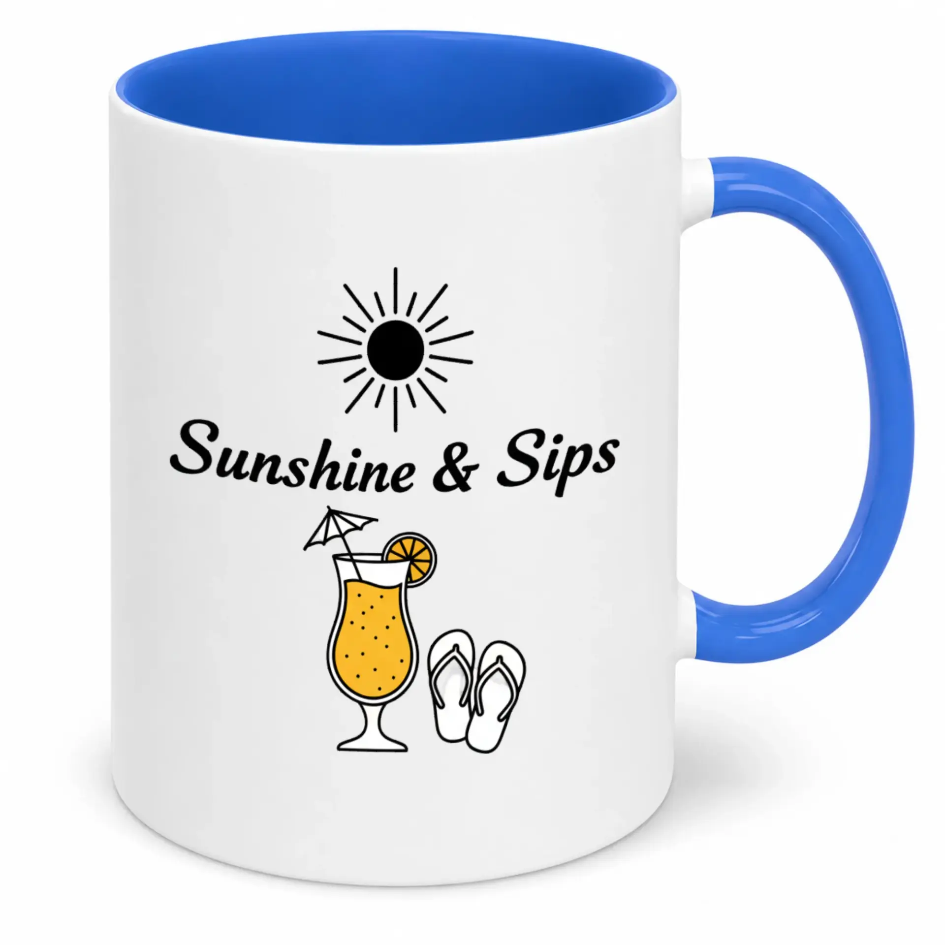 Ceramic Coffee Mug with Tropical Sunshine & Sips Design, Relaxing Vacation Theme Drinkware, Fun Gift for Summer Beach Lovers, Blue Handle and Interior
