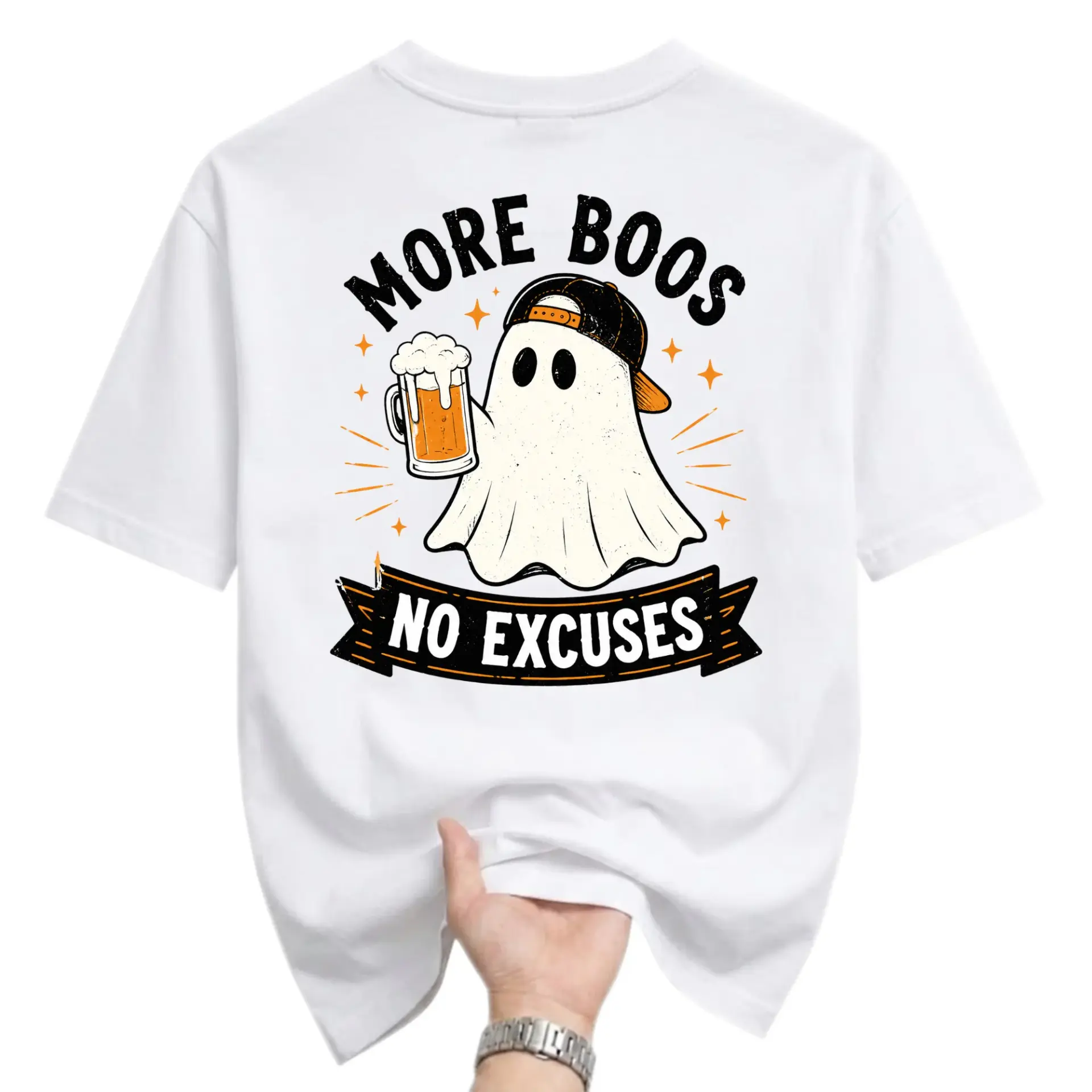 Funny Shirt More Boos No Excuses Graphic Tee Casual Unisex Crew Neck Top for Halloween Enthusiasts and Beer Lovers
