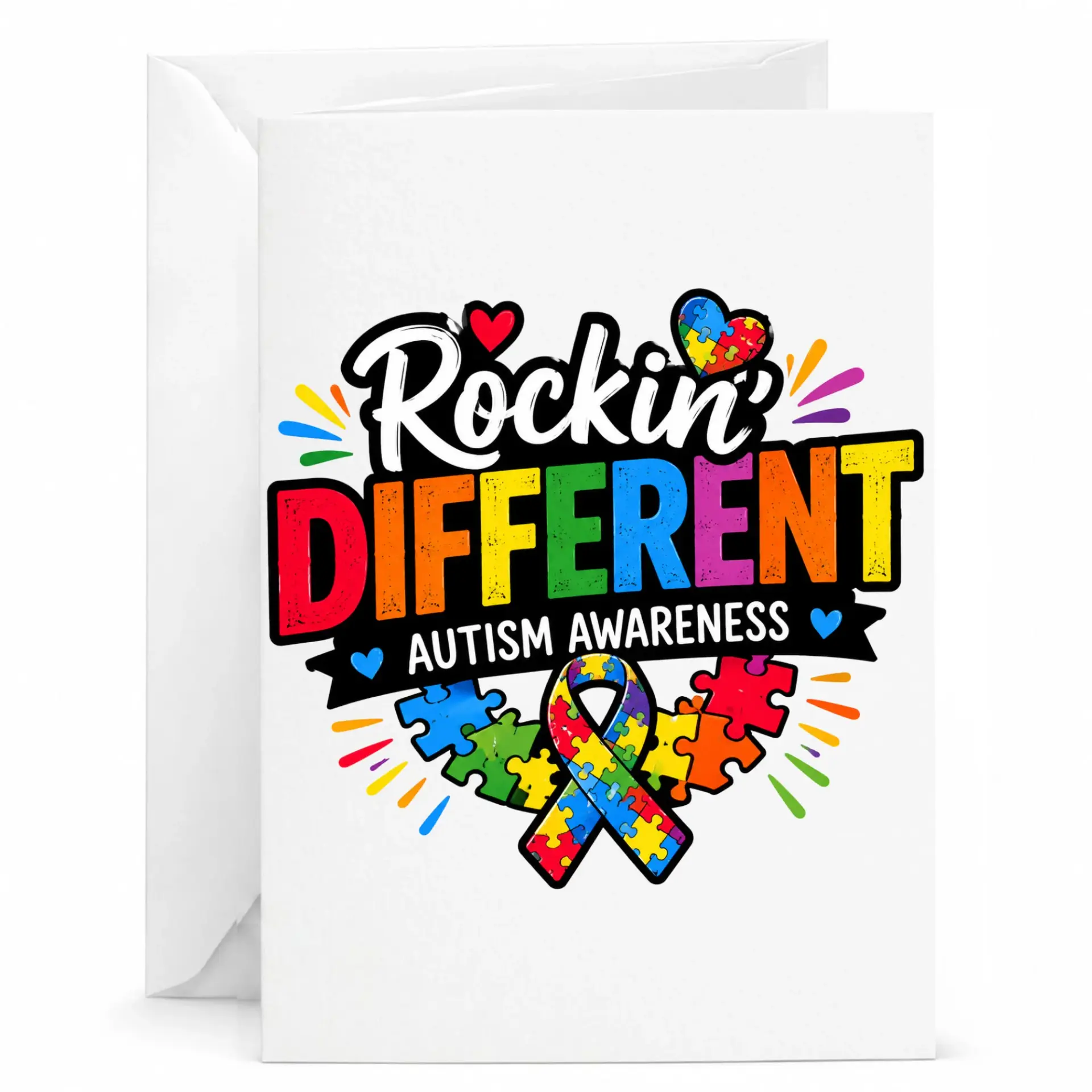 Rockin Different Autism Awareness Greeting Card Colorful Puzzle Ribbon Design 5x7 Folded Note for Encouragement and Support