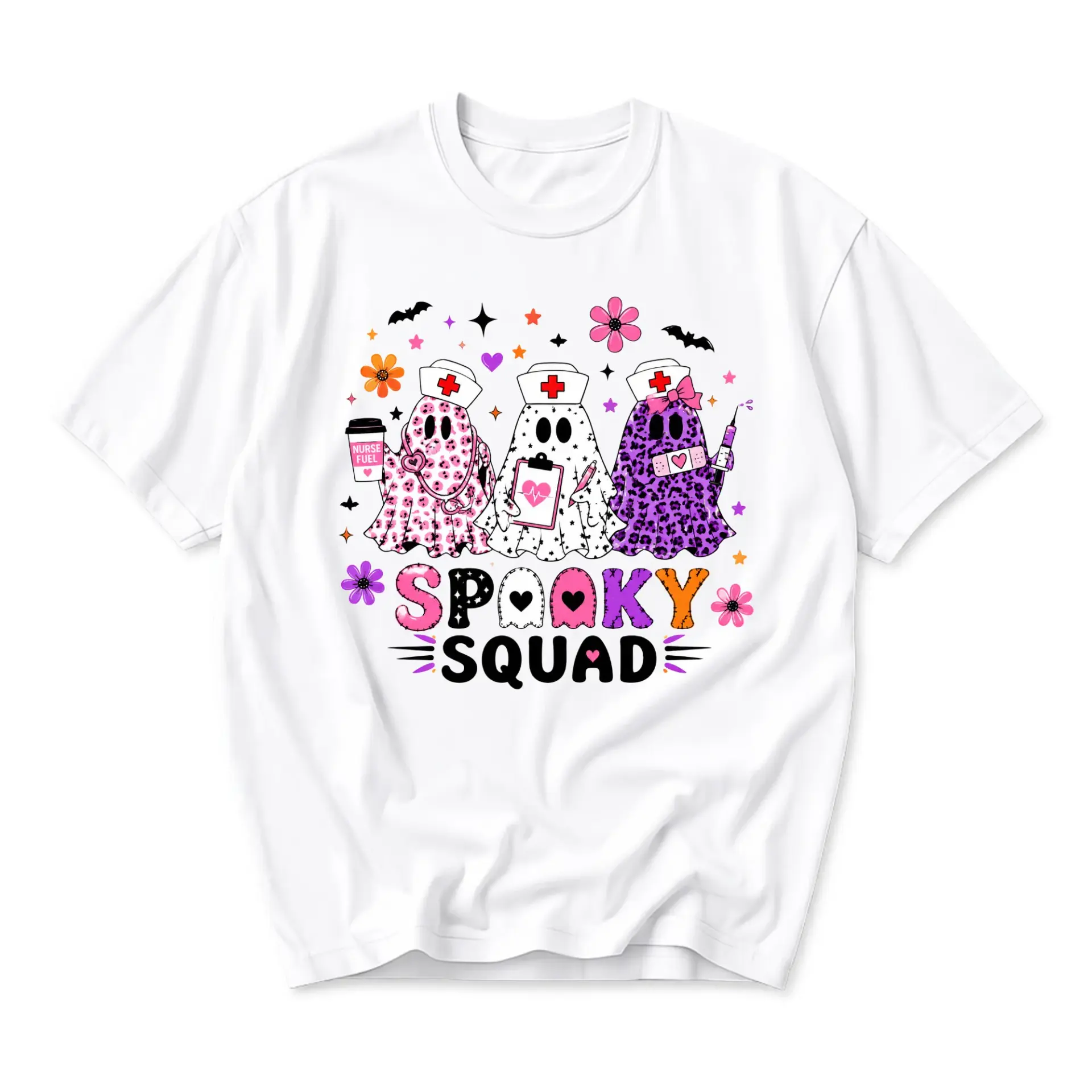 Funny Shirt Spooky Squad Nurse Ghost Graphic Tee Casual Unisex Crew Neck Print Short Sleeve Cotton Blend Apparel White