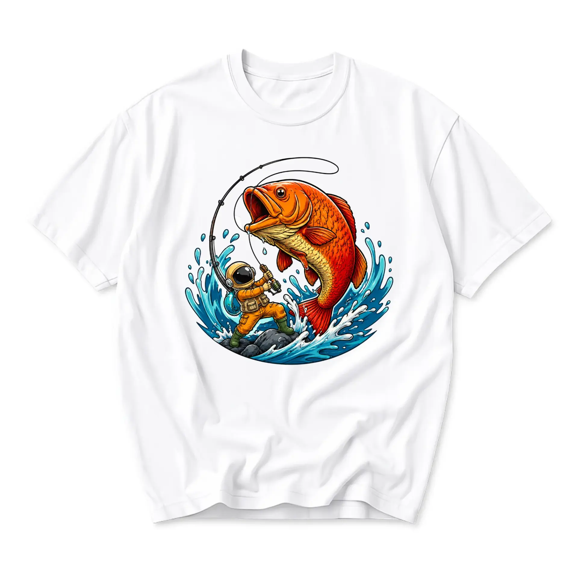 Funny Shirt Astronaut Fishing Graphic Tee Unisex Cotton Crew Neck Casual