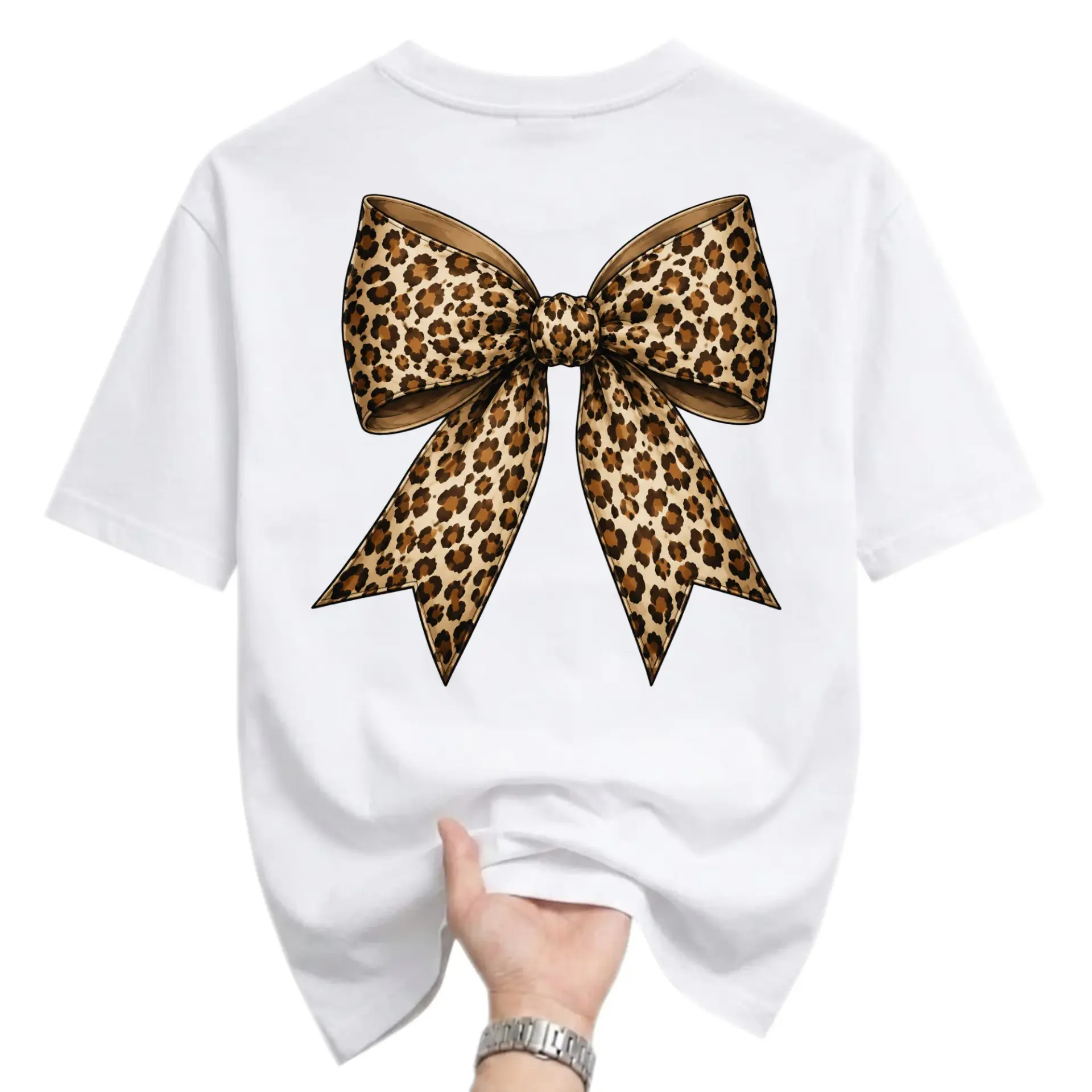 Graphic Tee Unisex Crew Neck T-Shirt with Large Leopard Print Bow Design Casual Summer Short Sleeve Fashion Top