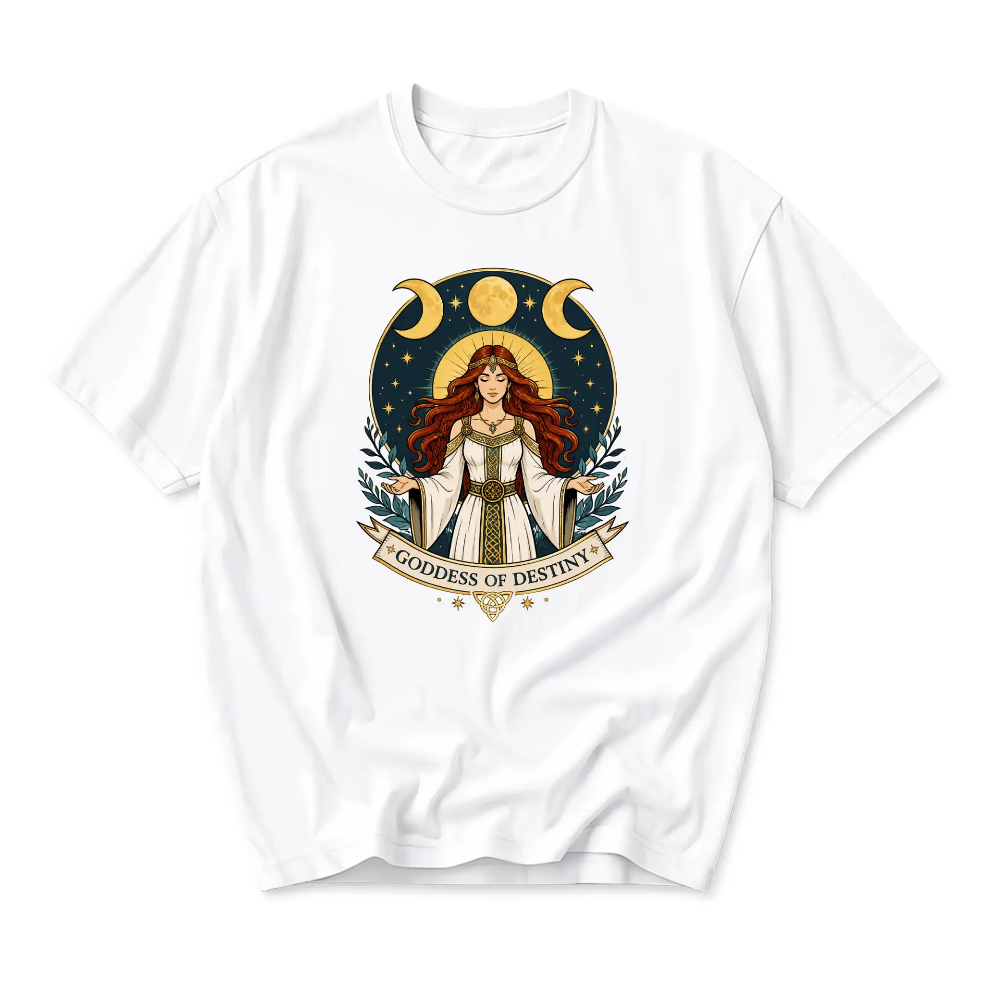 T-shirt Goddess of Destiny Graphic Tee Celestial Mythology Aesthetic Apparel for Casual Everyday Style and Comfort